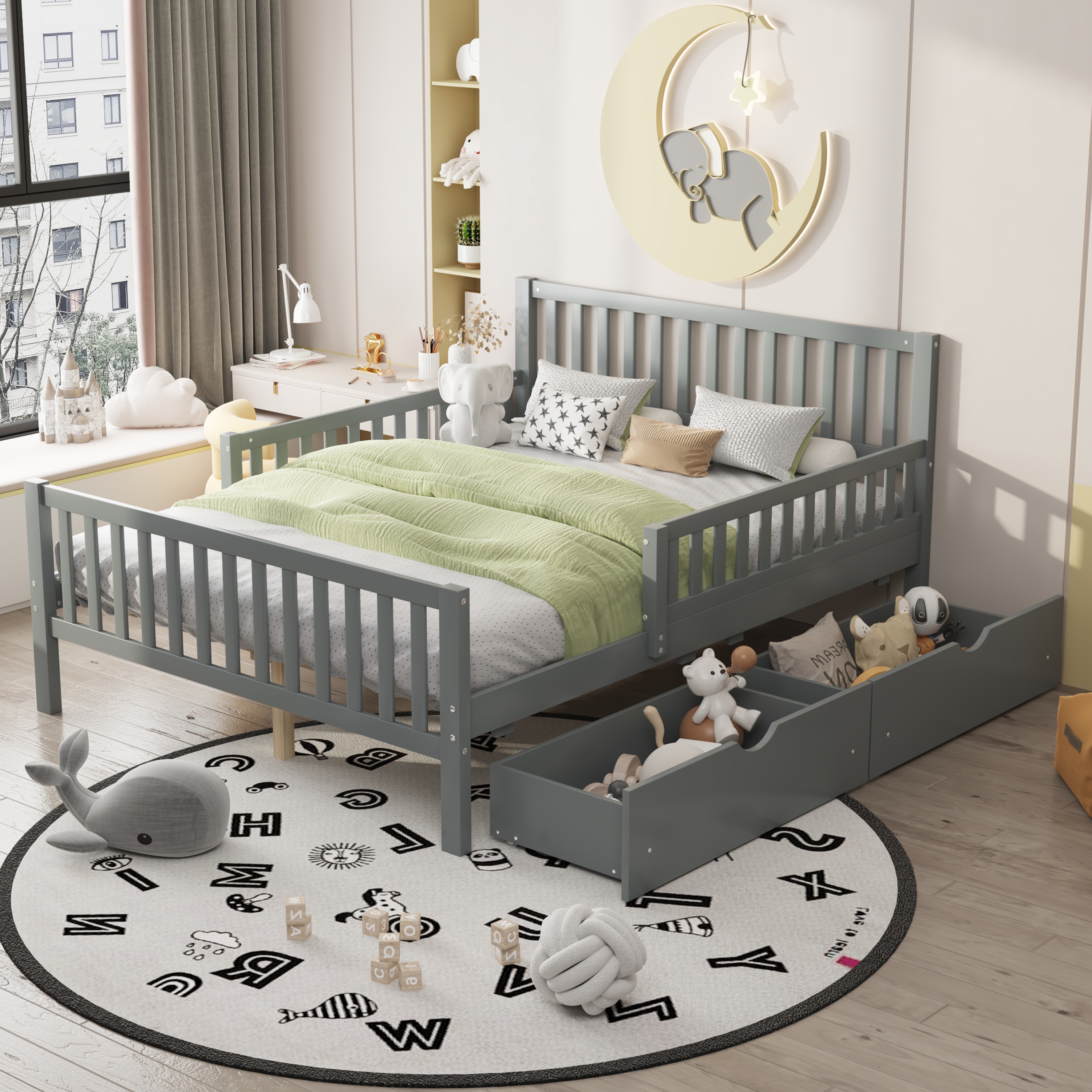 ModernLuxe L3P-N733P172700E Full Size Wood Platform Bed with Guardrails on Both Sides and Two Storage DrawersGray