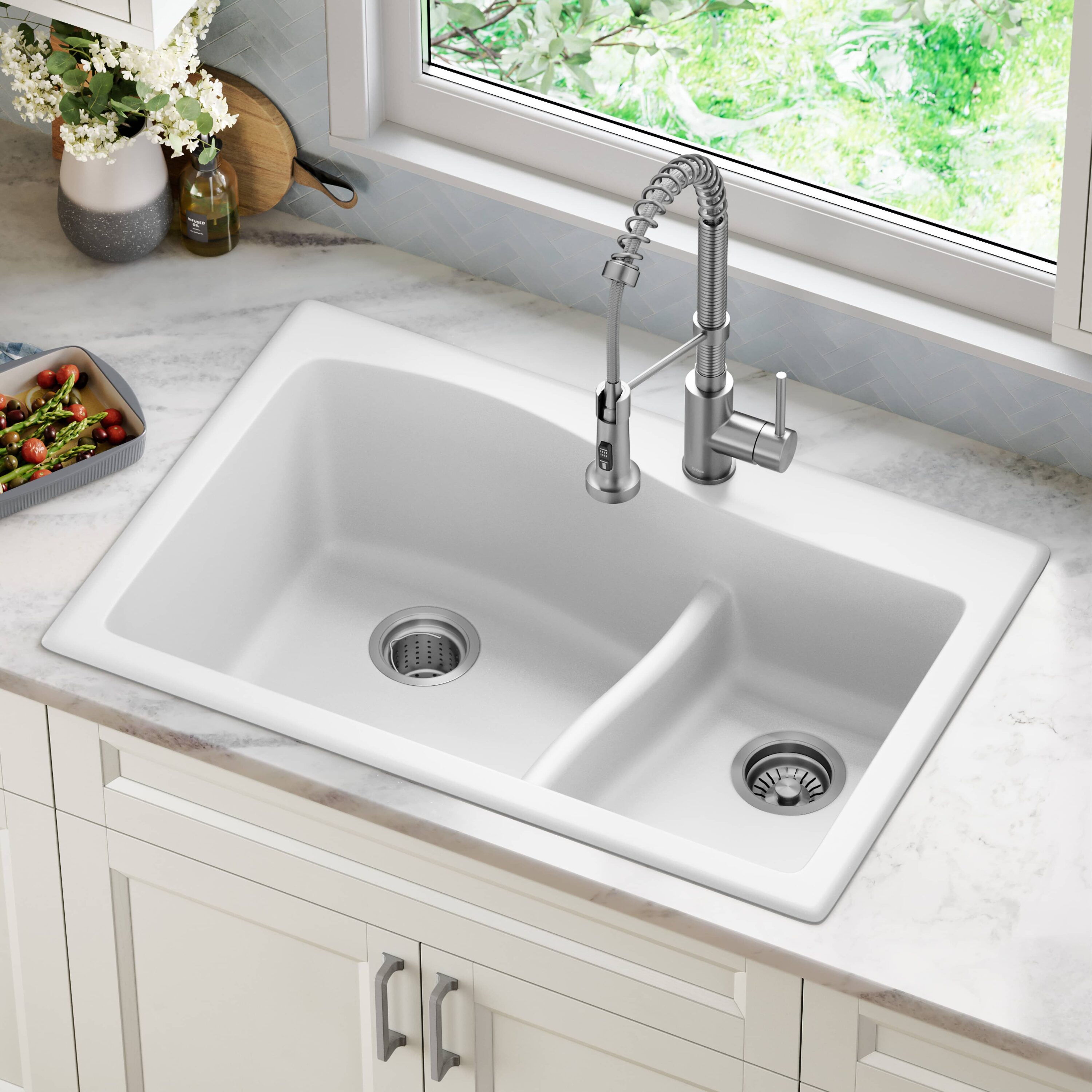 White Granite 33" Dual Bowl Drop-In Kitchen Sink