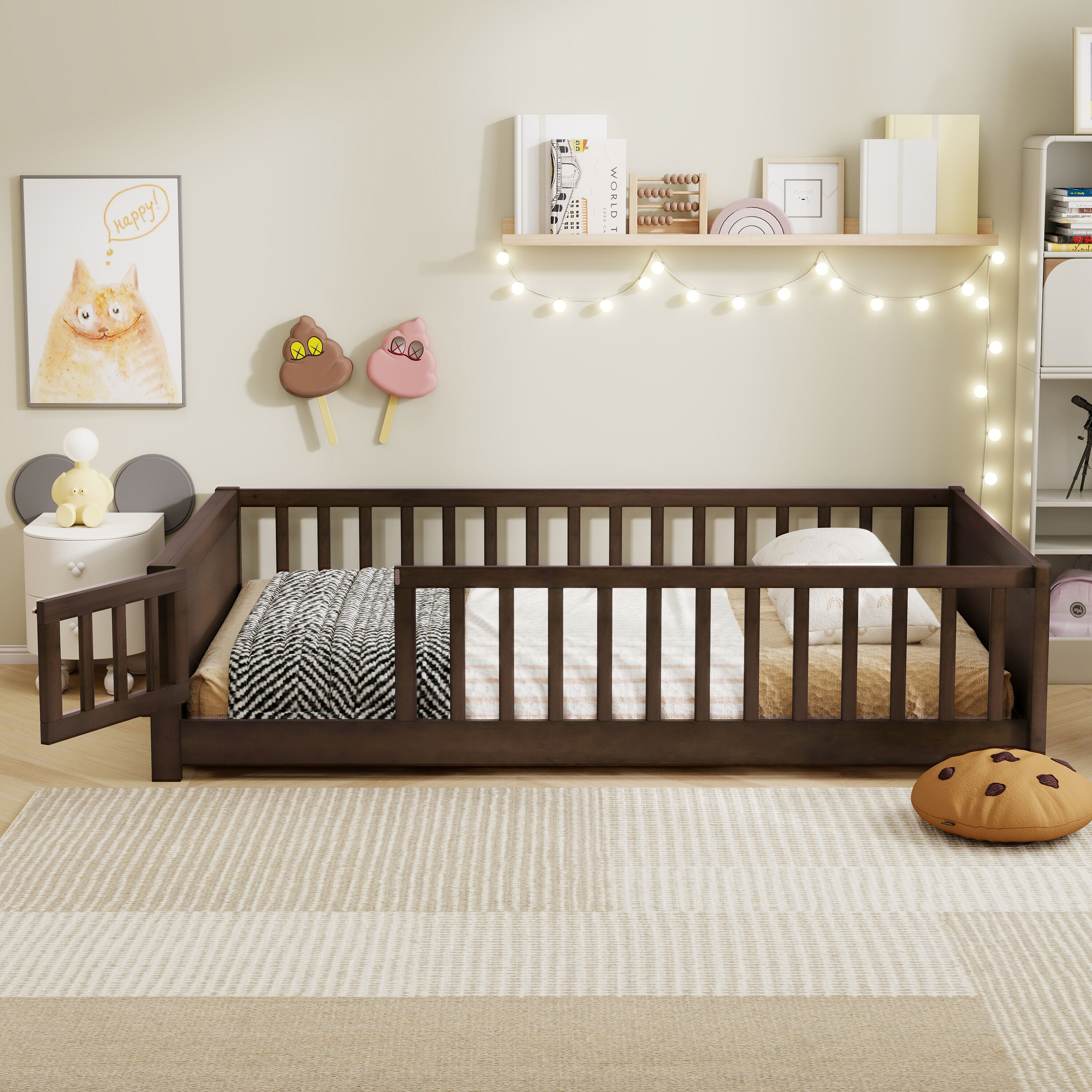 JUSHUA Full Size Rubber Wood Floor Bed with Guardrails Built-in Book ...