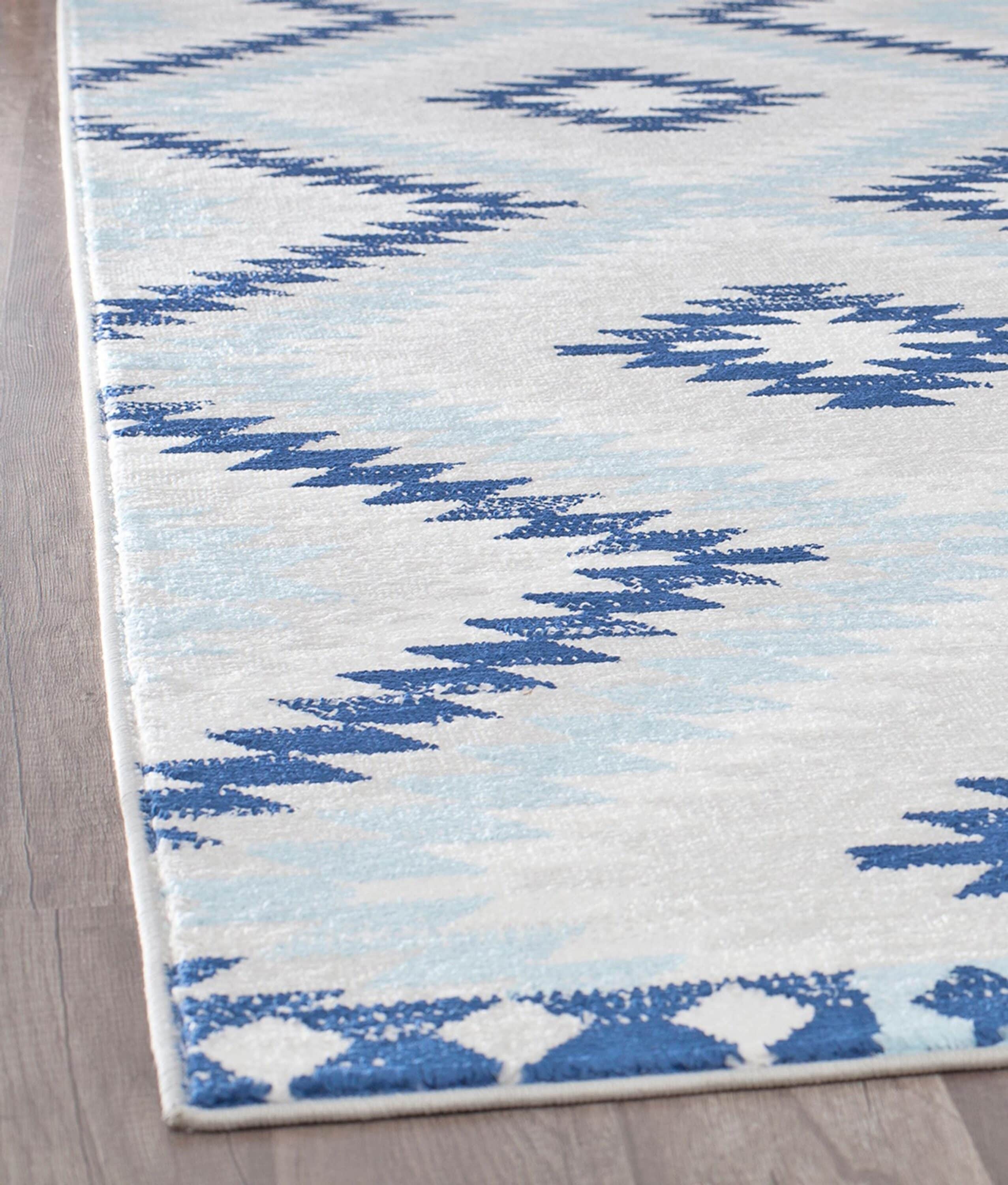 Ice Blue and Multicolor Synthetic Stain-Resistant Runner Rug