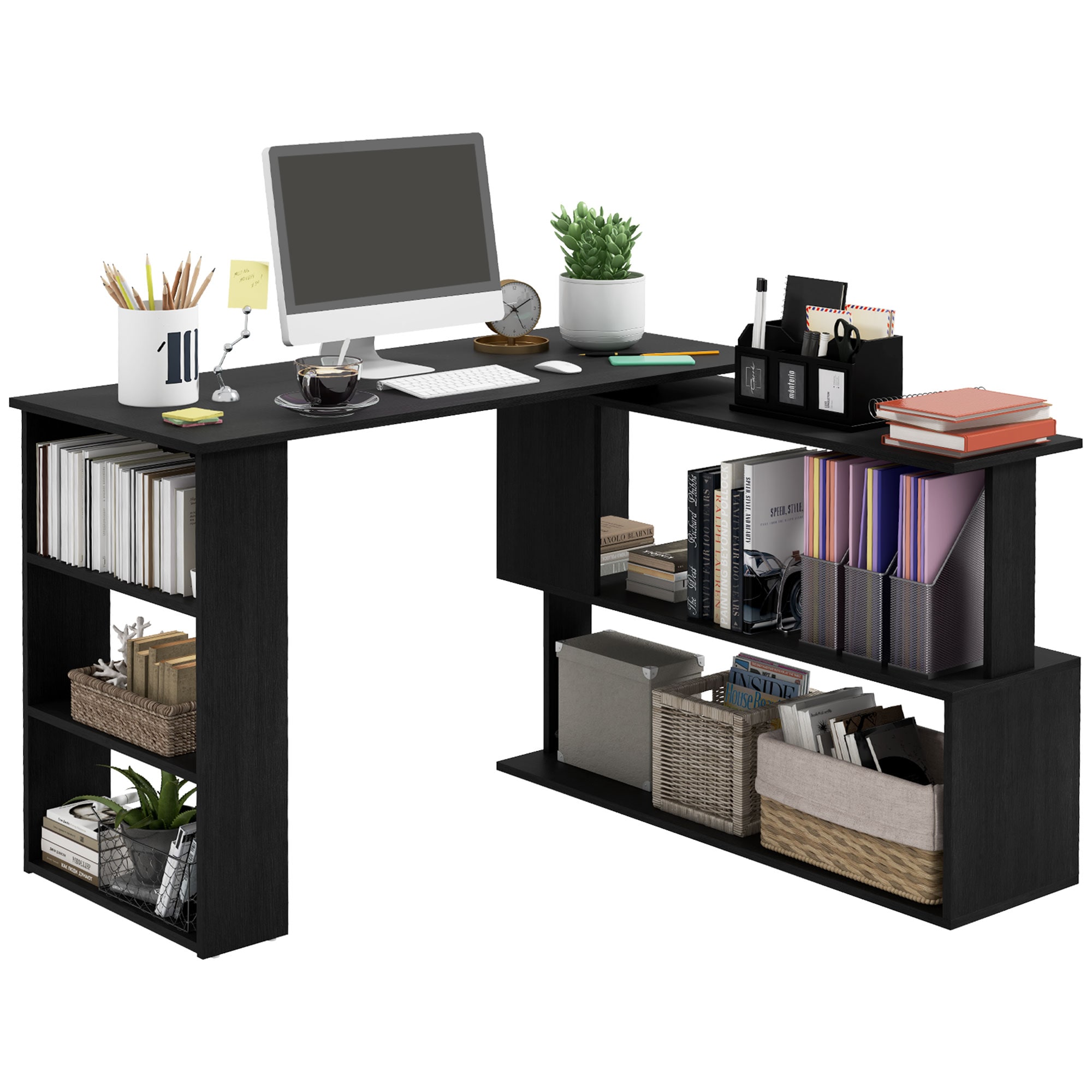 HomCom 836-074BK L Shaped Desk Corner Computer Desk 360 Degree Rotating Home Office Desk with Storage Shelves Writing Table Workstation Black