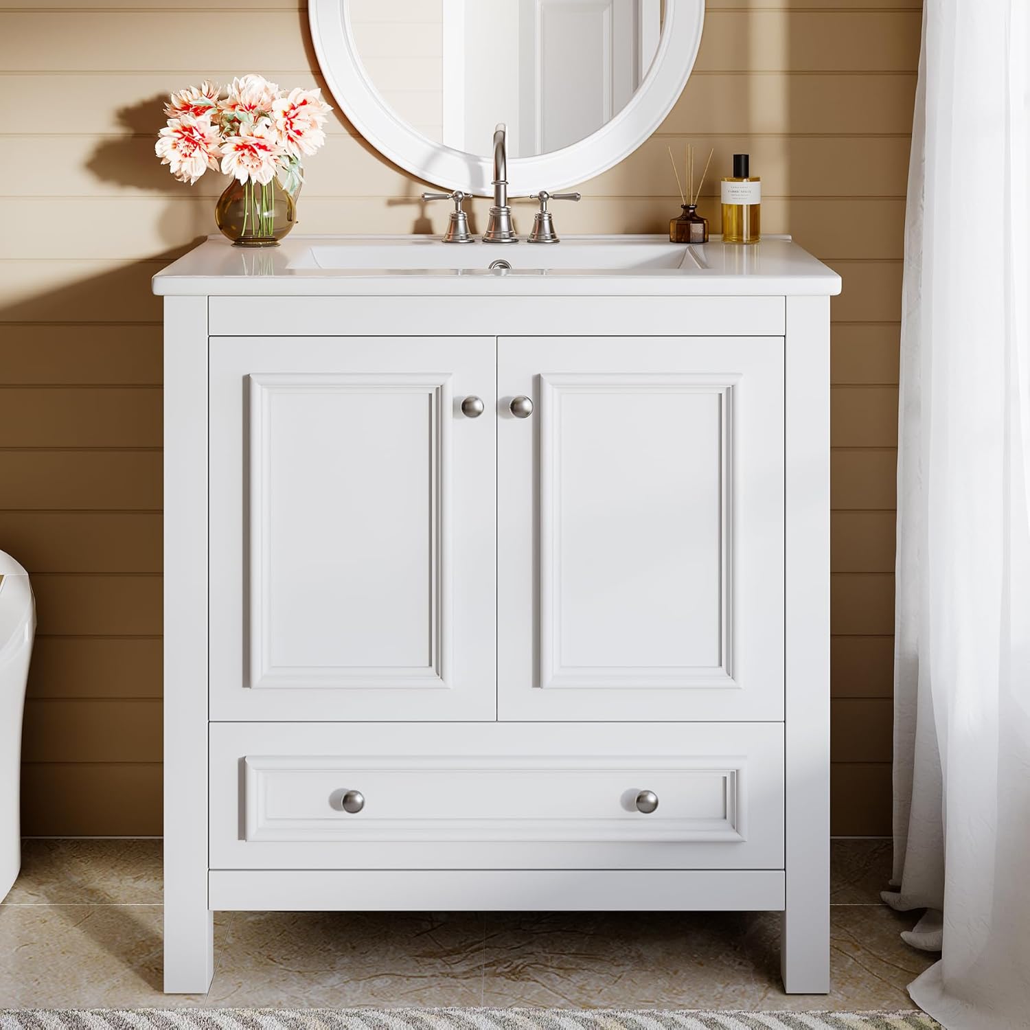 Fnova 30 in. Single Sink Freestanding White Bath Vanity with White Ceramic Top Unassembled
