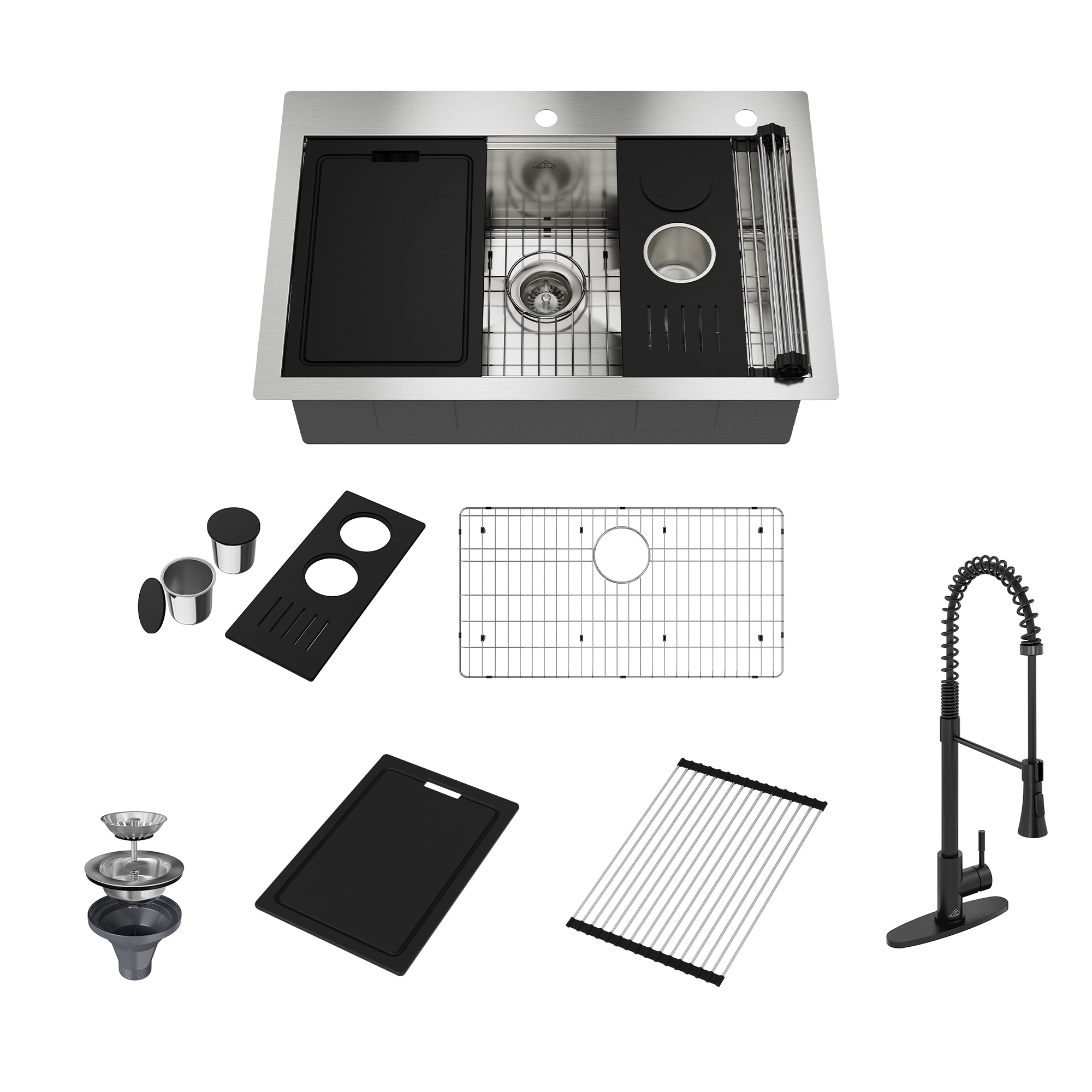 CASAINC KCSL0047-D0674M Drop-in 33-in x 22-in Stainless steel Single bowl 18 -Gauge Workstation Kitchen Sink All-in-One Kit with Drainboard