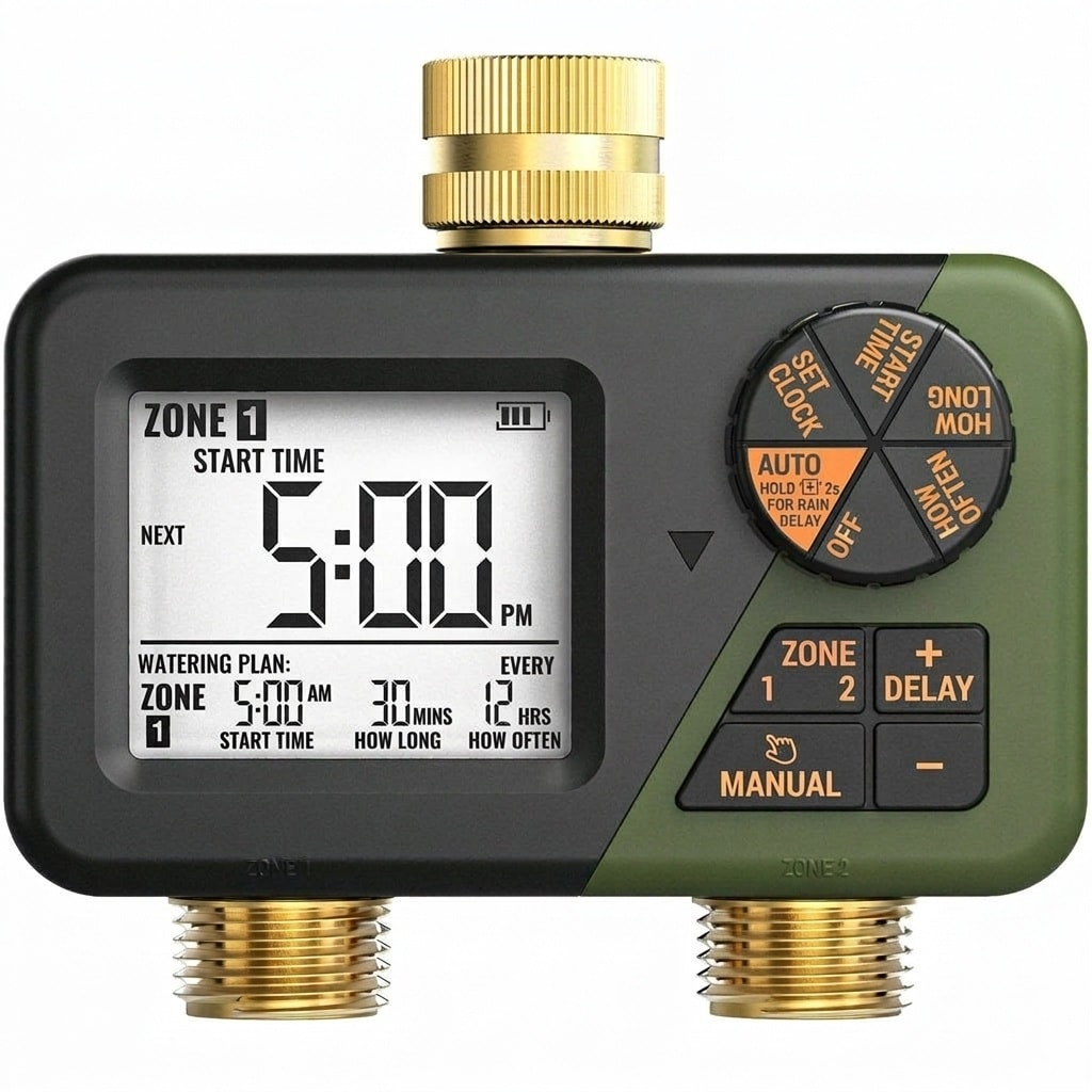 Justincity  Brass 2 Zone Sprinkler Timer IP66 Waterproof Programmable Water Hose Timer 2 Outlet Large Display Rain Delay for Outdoor Irrigation 1 Piece