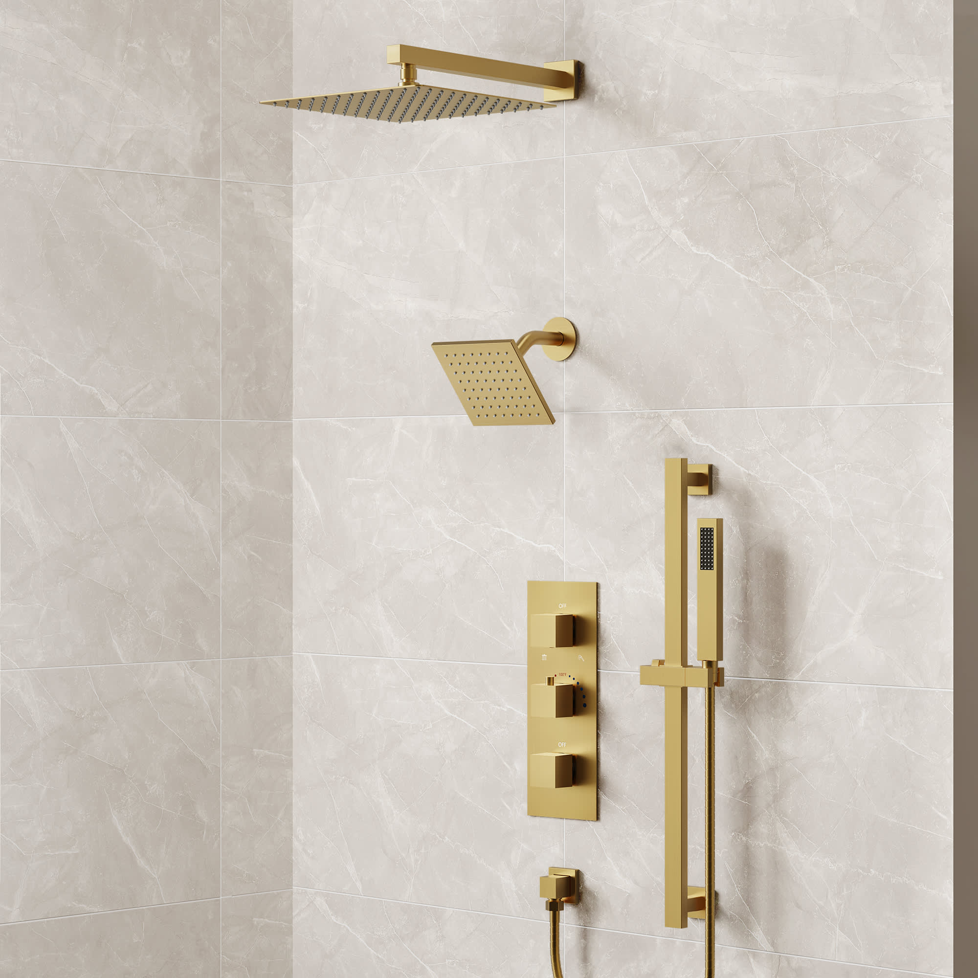 EVERSTEIN SFS-1016A-GD12 Thermostatic Dual Shower System with 12-in Rainfall Shower Head and Handheld Spray in Brushed Gold