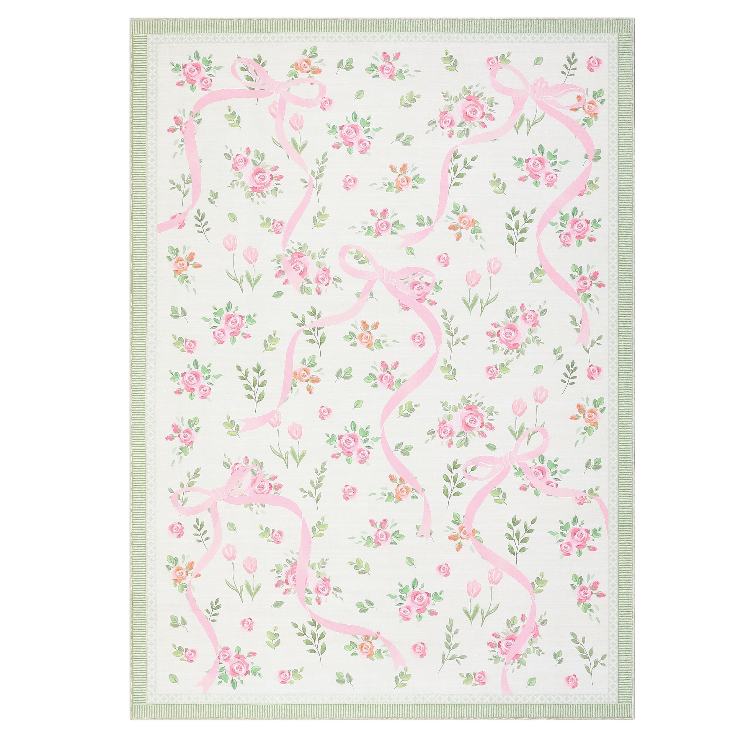 Qeetex LSN-PHK-34T5GGGG 8 x 10 ft Polyester Pearl Velvet Green Pink Rectangular Hallway Bathroom Entryway Kitchen Office Foldable Flower Printed Modern Washable Area Rug