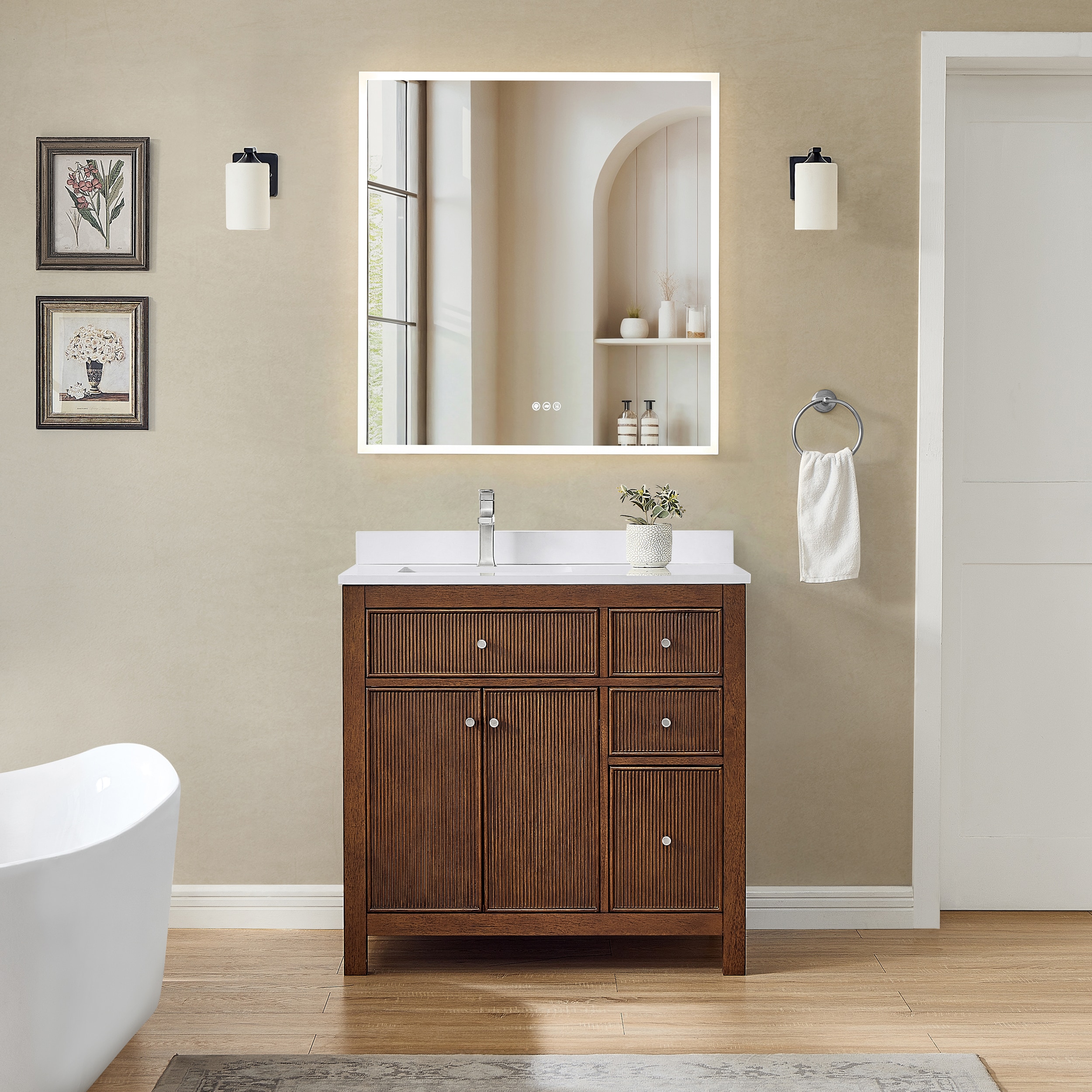 Wyndham Collection Pendry 36 Inch Single Bathroom Vanity in Dark Walnut, White Cultured Marble Countertop, Undermount Square Sink (1-Hole), Brushed Nickel Trim