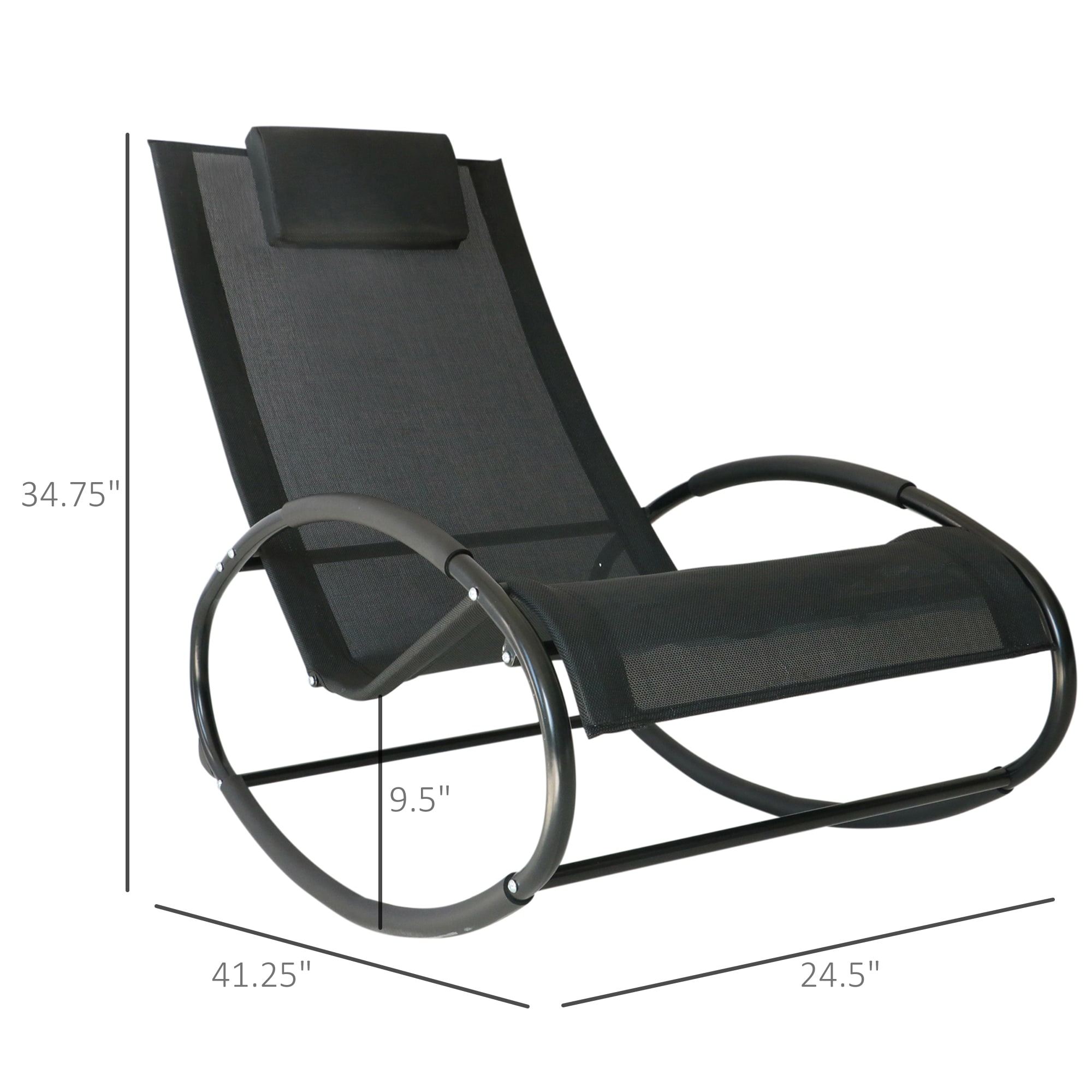 Serenity Black Steel Outdoor Rocking Lounger with Breathable Mesh and Pillow