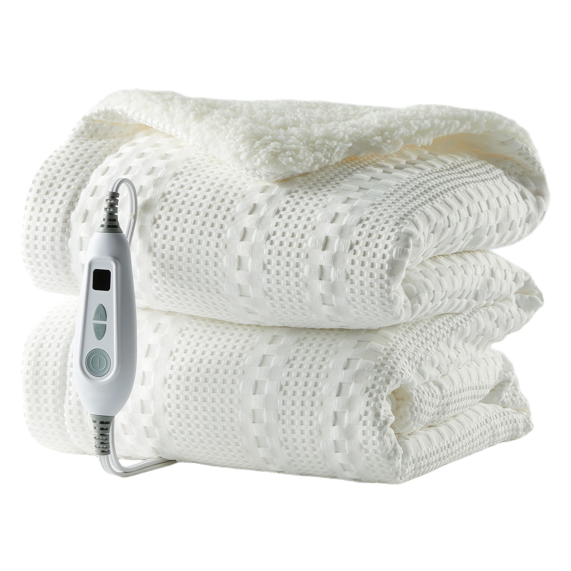 GarveeLife Throw Heated Electric Blanket Dual Control 9 Heat Levels 1-12H Auto-Off Timer Soft Waffle Weave Sherpa Machine Washable White 50x60 Inches