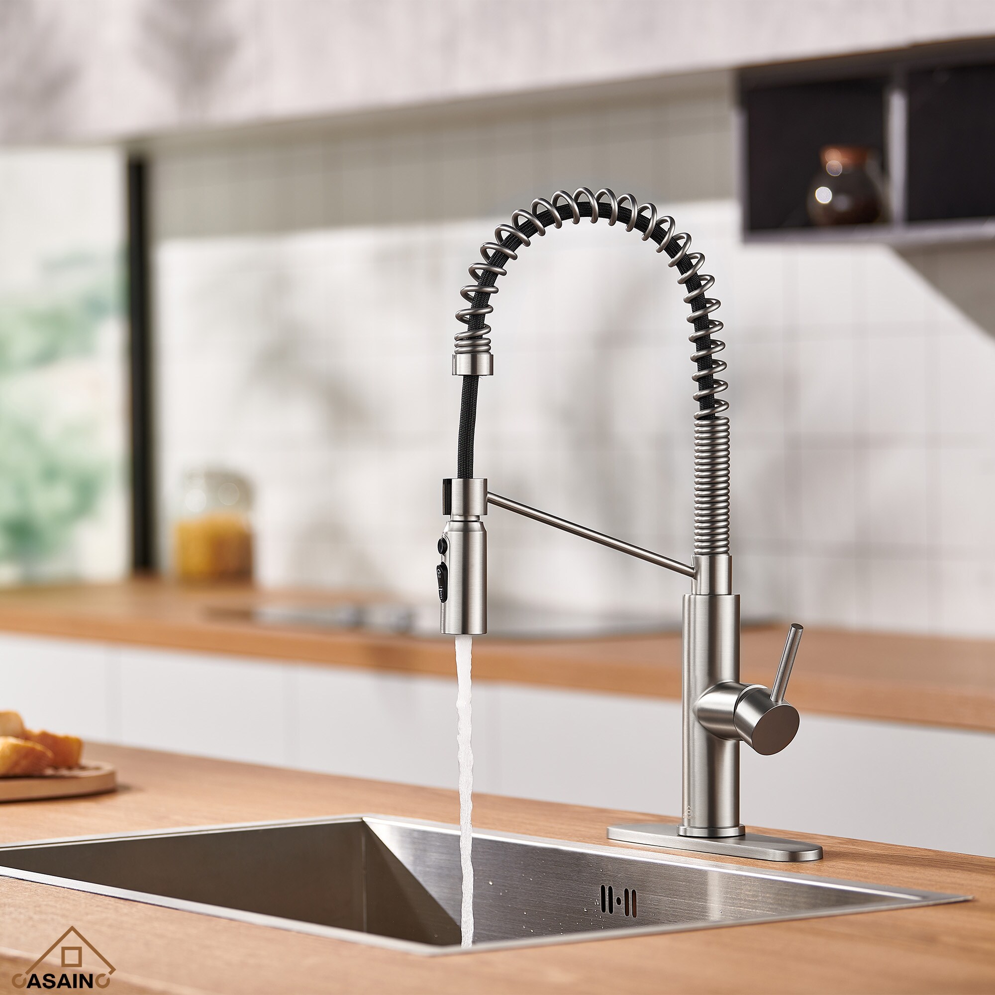 Brushed Nickel Pull Down Kitchen Faucet with Deck Plate