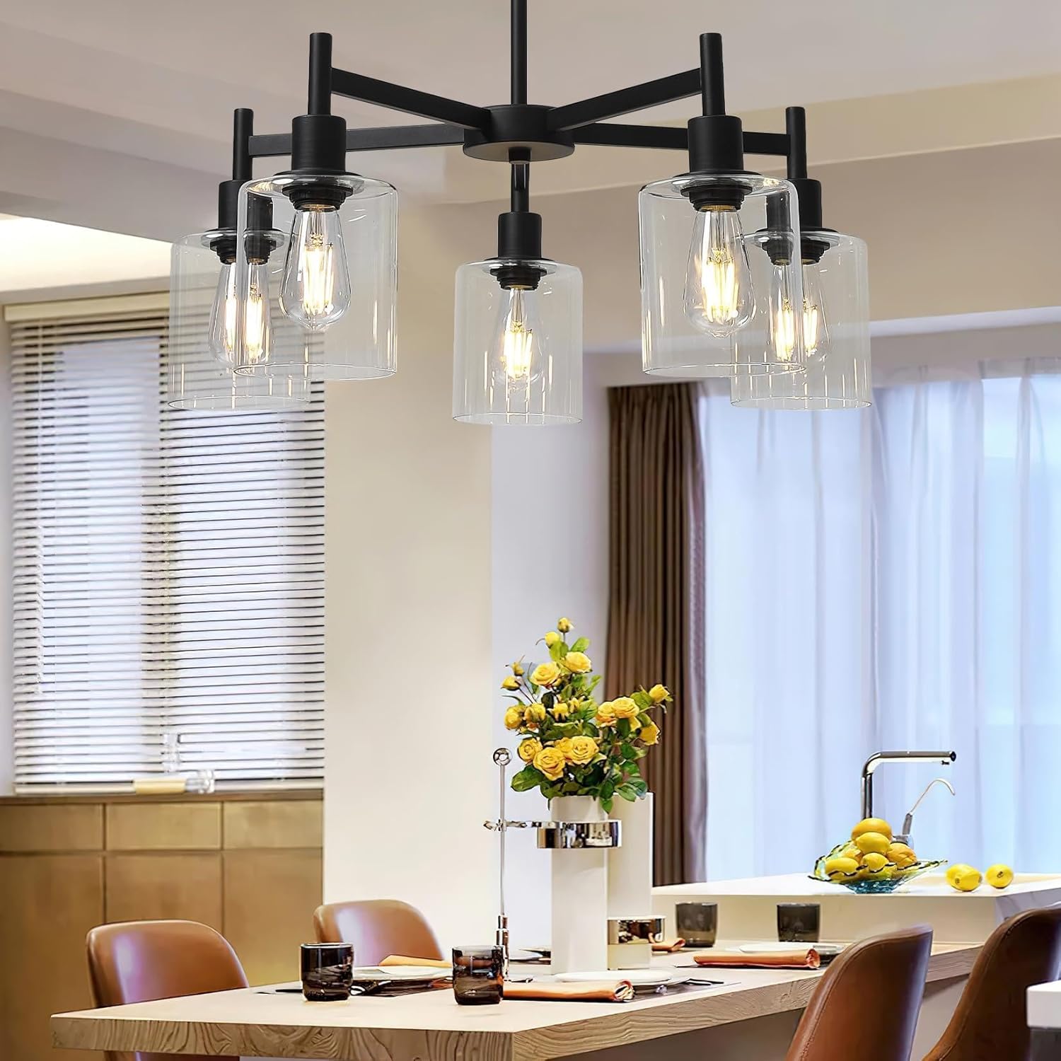 Qeetex Modern 5-Light Black Chandelier with Adjustable Height Clear Glass Shades Dimmable Capability Ideal for Dining Room Bedroom Kitchen and Foyer - Perfect for Flat or Sloped Ceilings