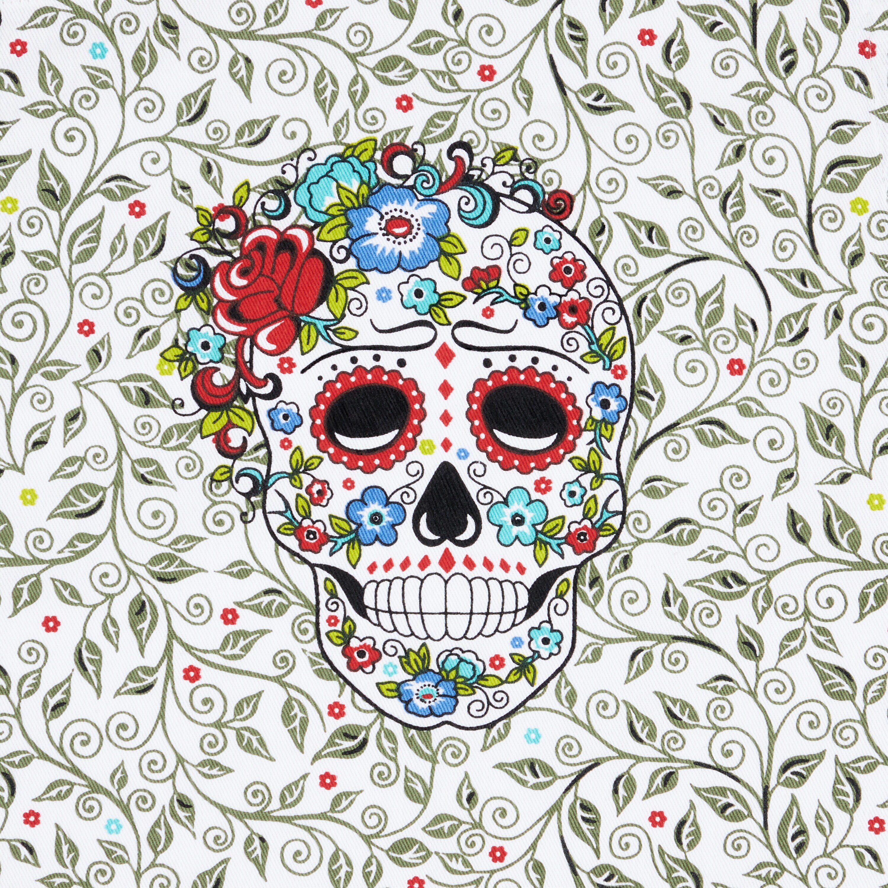 Fiesta Skull and Vine Graphic Print Cotton Apron- White/Red/Blue-  Adjustable Strap- Two Front Pockets- Adult Unisex in the Cooking Apparel  department at