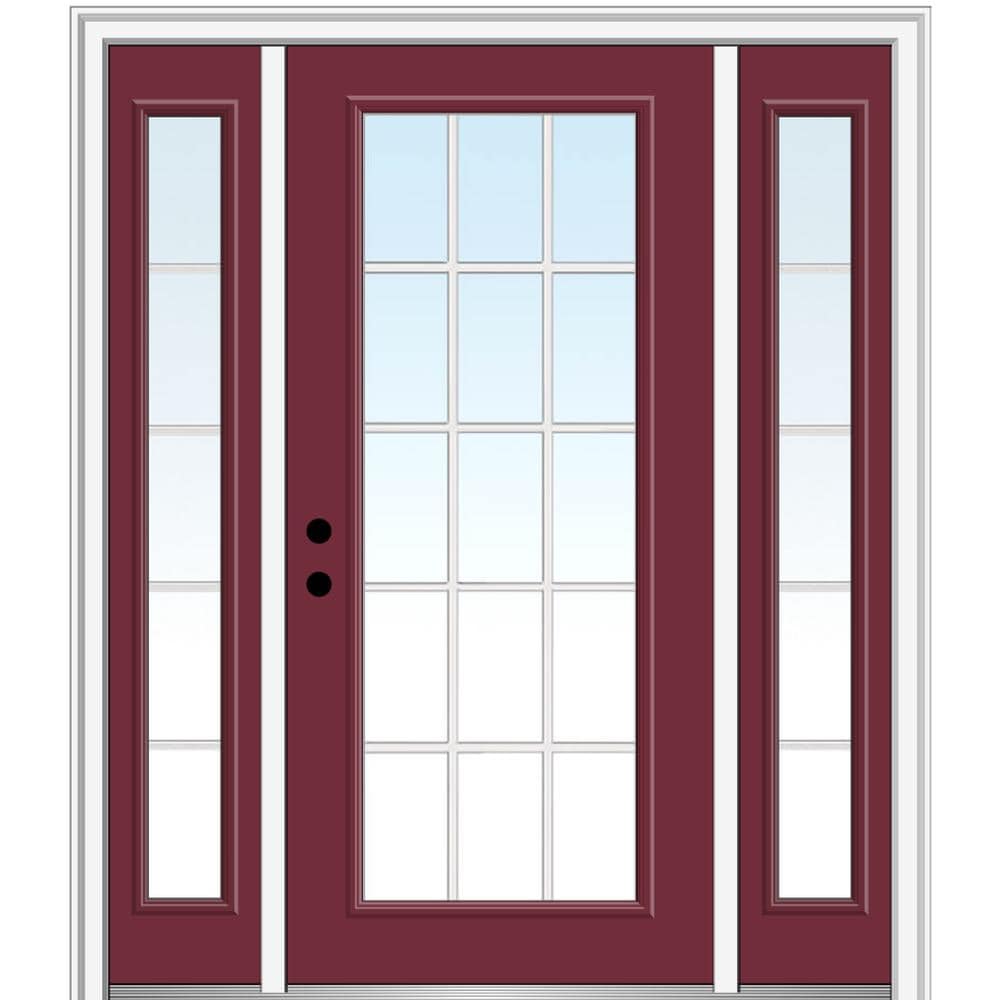 MMI DOOR ZZ05367R 64-in x 80-in x 4-9/16-in Fiberglass Full lite Right-hand inswing Burgundy Painted Prehung Front Door with Sidelights with Brickmould Insulating core with Grilles