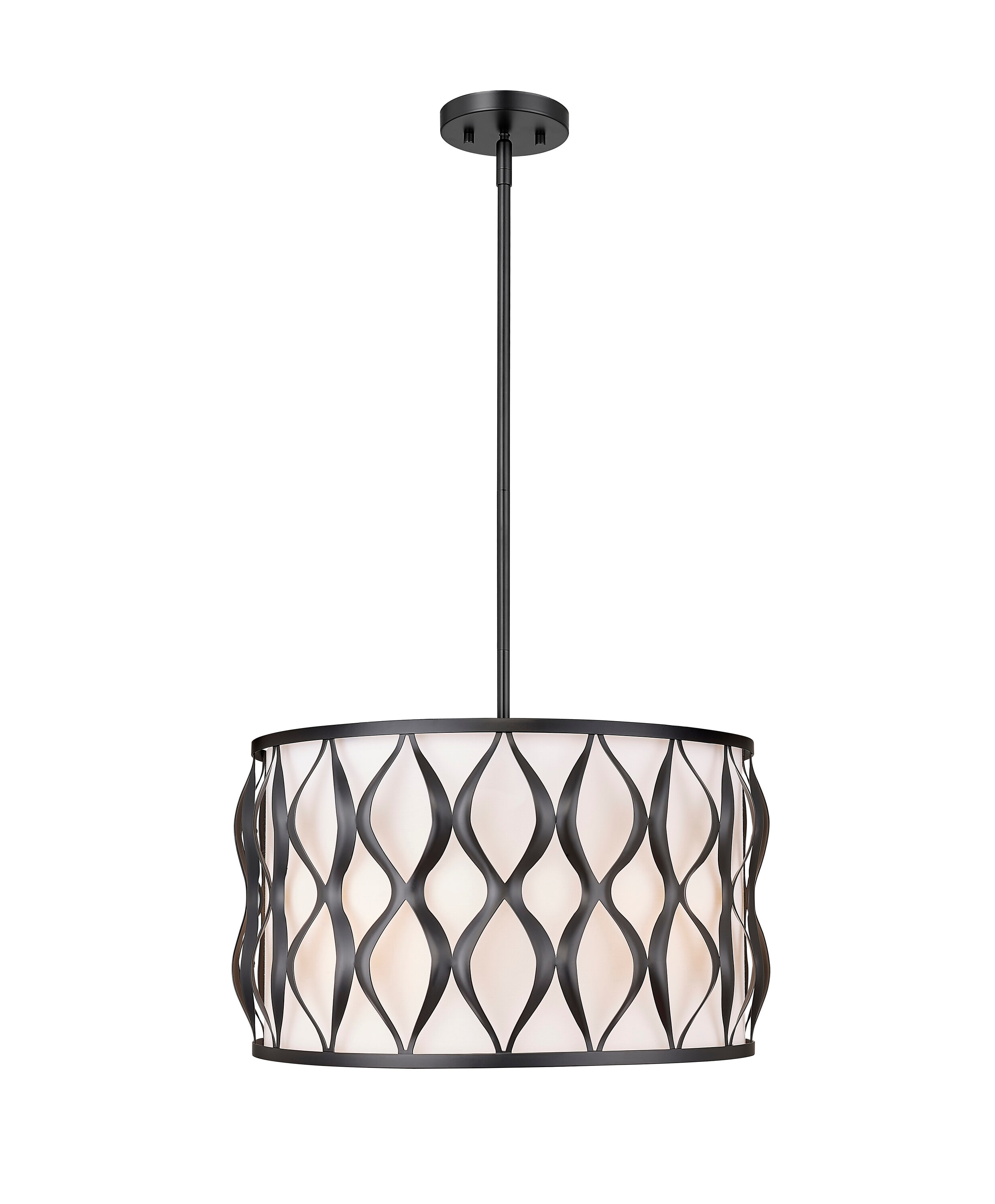 Harden Matte Black Steel Drum Pendant Light with White Fabric Shade