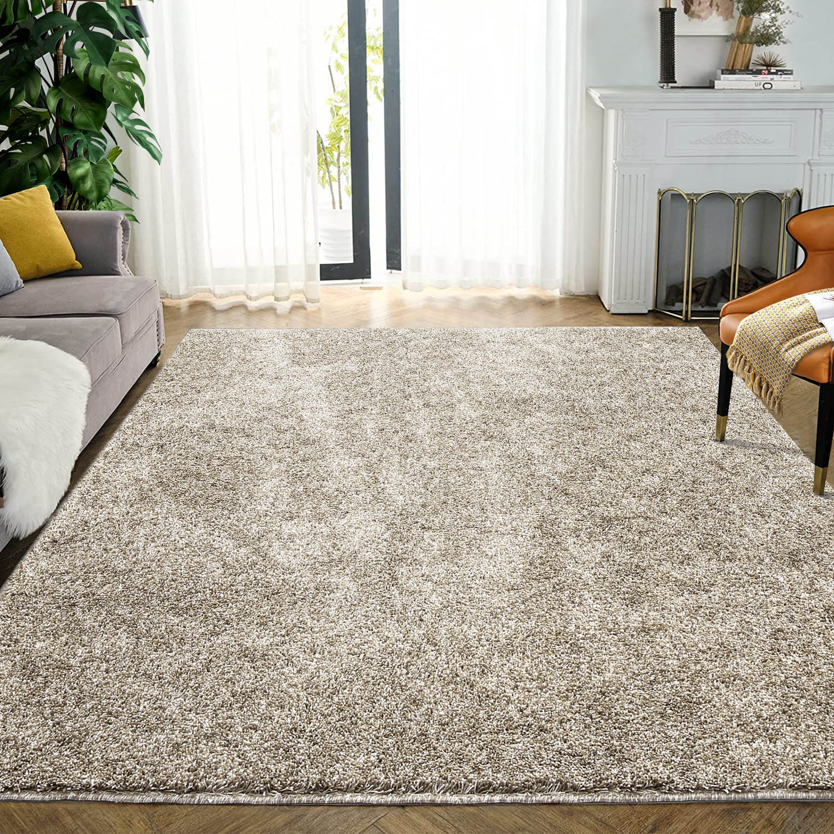 Garvee YXY-LO-PHO-0XUITM1R 11 x 15 (ft) Loomed Polyester Beige/Brown Rectangular Indoor Solid Mid-Century Modern Machine washable Area rug