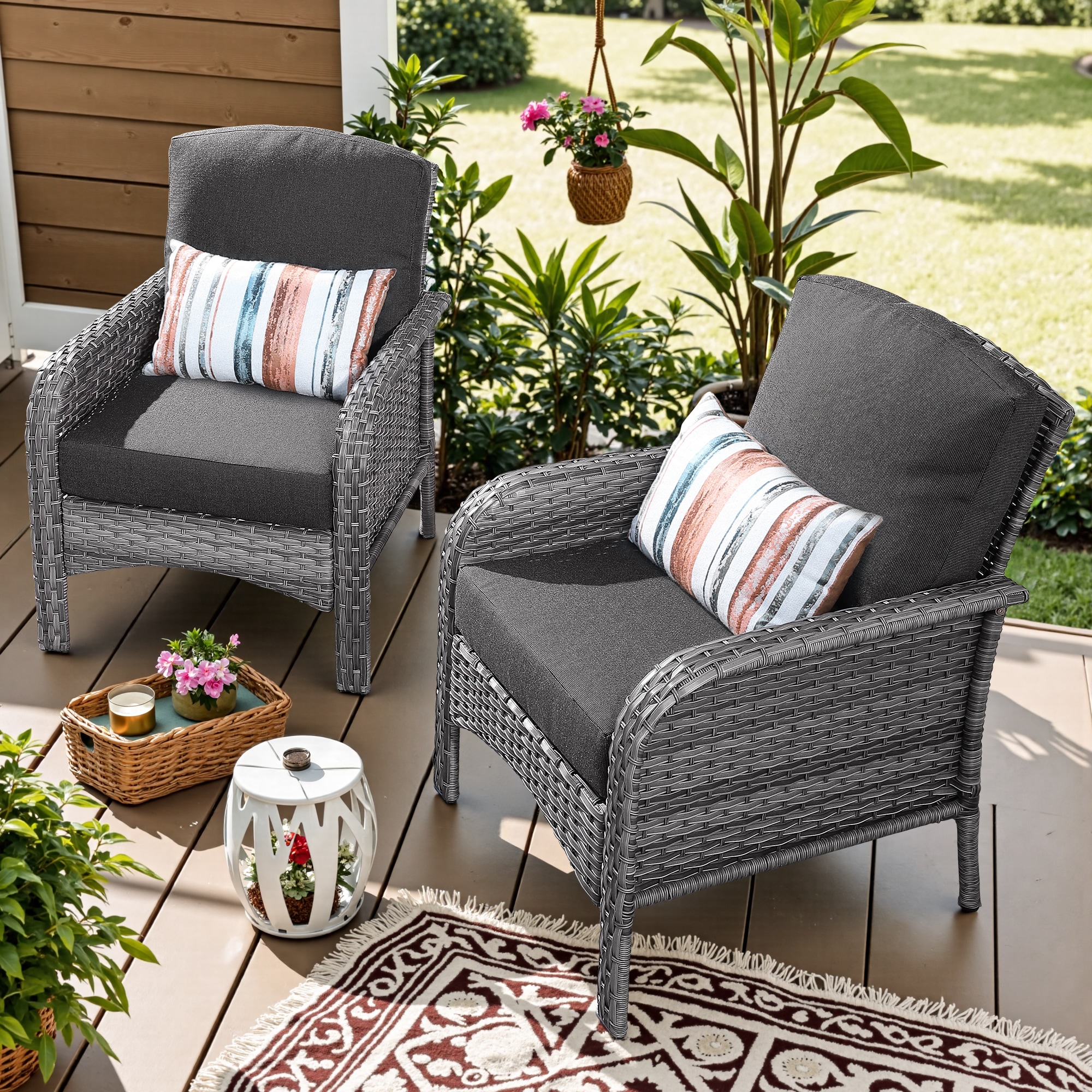 weaxty HMBGNDS100Z2 Initial Set of 2 Wicker Black Steel Frame Stationary Conversation Chair with Black Cushioned Seat