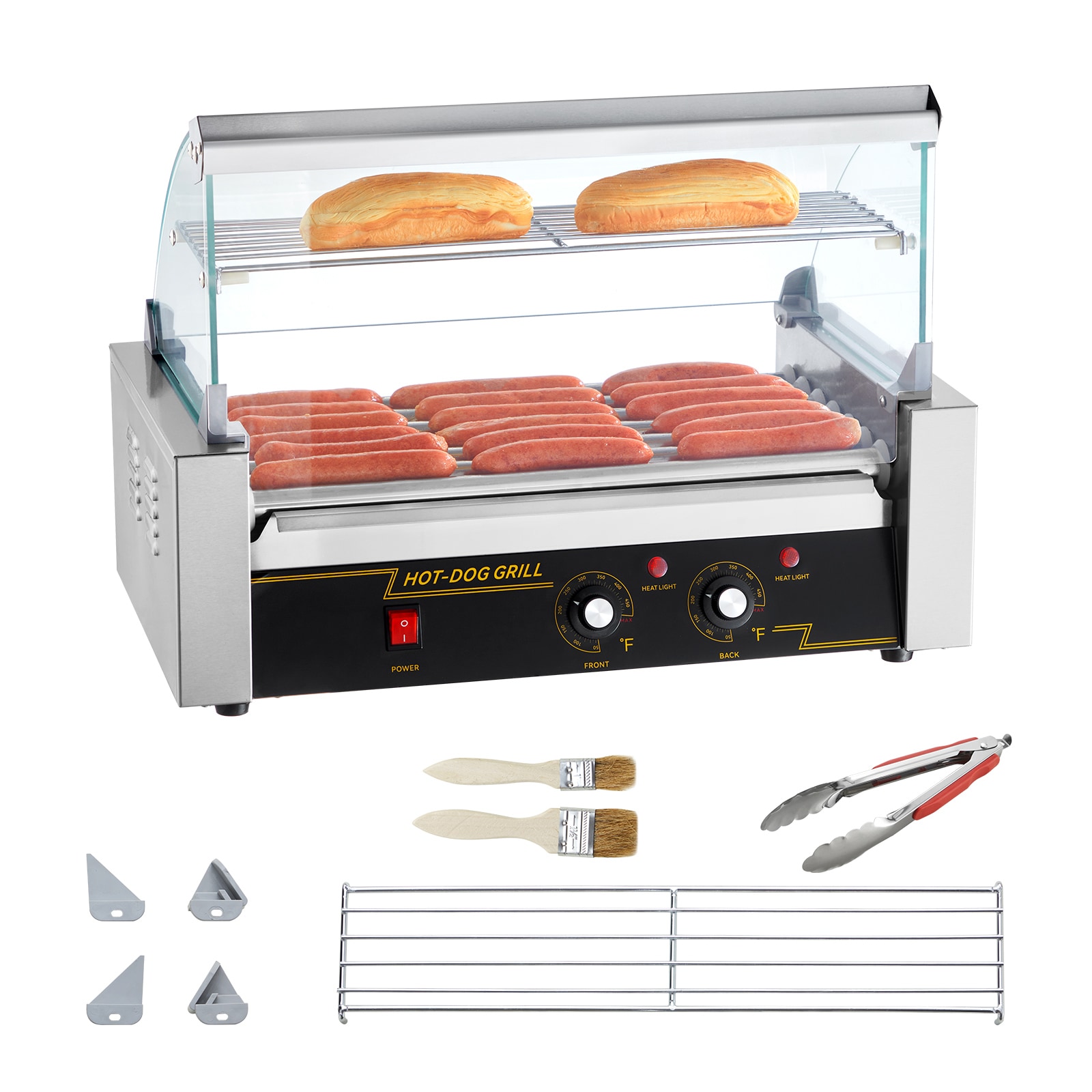GIVIMO LW108GIVSS3139 Hot Dog Roller Grill 7 Rollers 18-Hot Dog Capacity 1050-W Stainless Steel Sausage Cooker with Dual Temp Control Glass Hood Acrylic Cover Bun Warmer Shelf ETL Listed