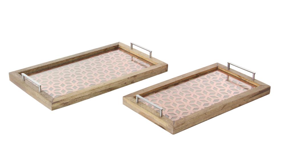 Grayson Lane Rectangular Wood Serving Trays With Geometric Bronze Metal Inlays Set Of 2 20 In X 12 In 18 In X 10 In In The Decorative Accessories Department At Lowes Com