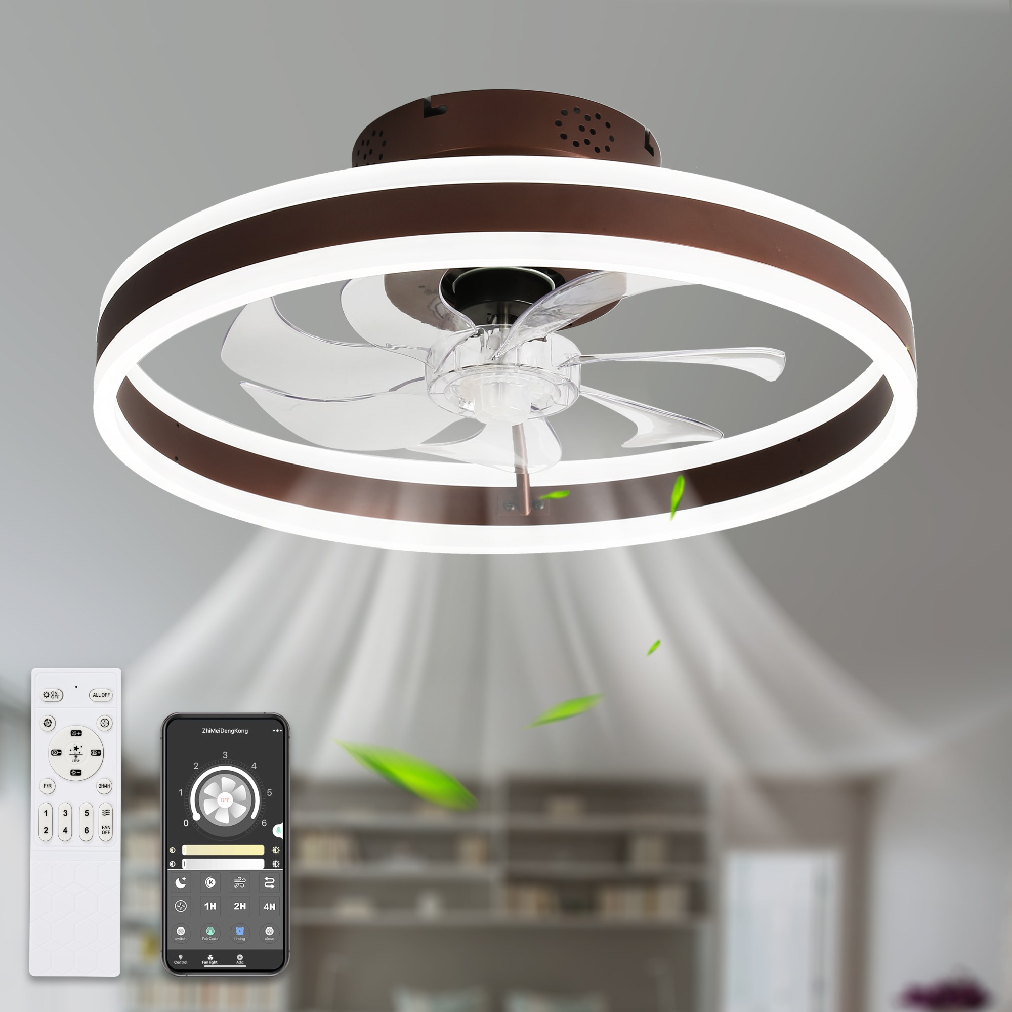 Bella Depot Low Profile Fans 20-in Coffee with Clear Blades Color-changing Integrated LED Indoor Flush Mount Smart Fandelier Ceiling Fan with Light and Remote (7-Blade) DC2002-K Sansujyuku sansujyuku.com