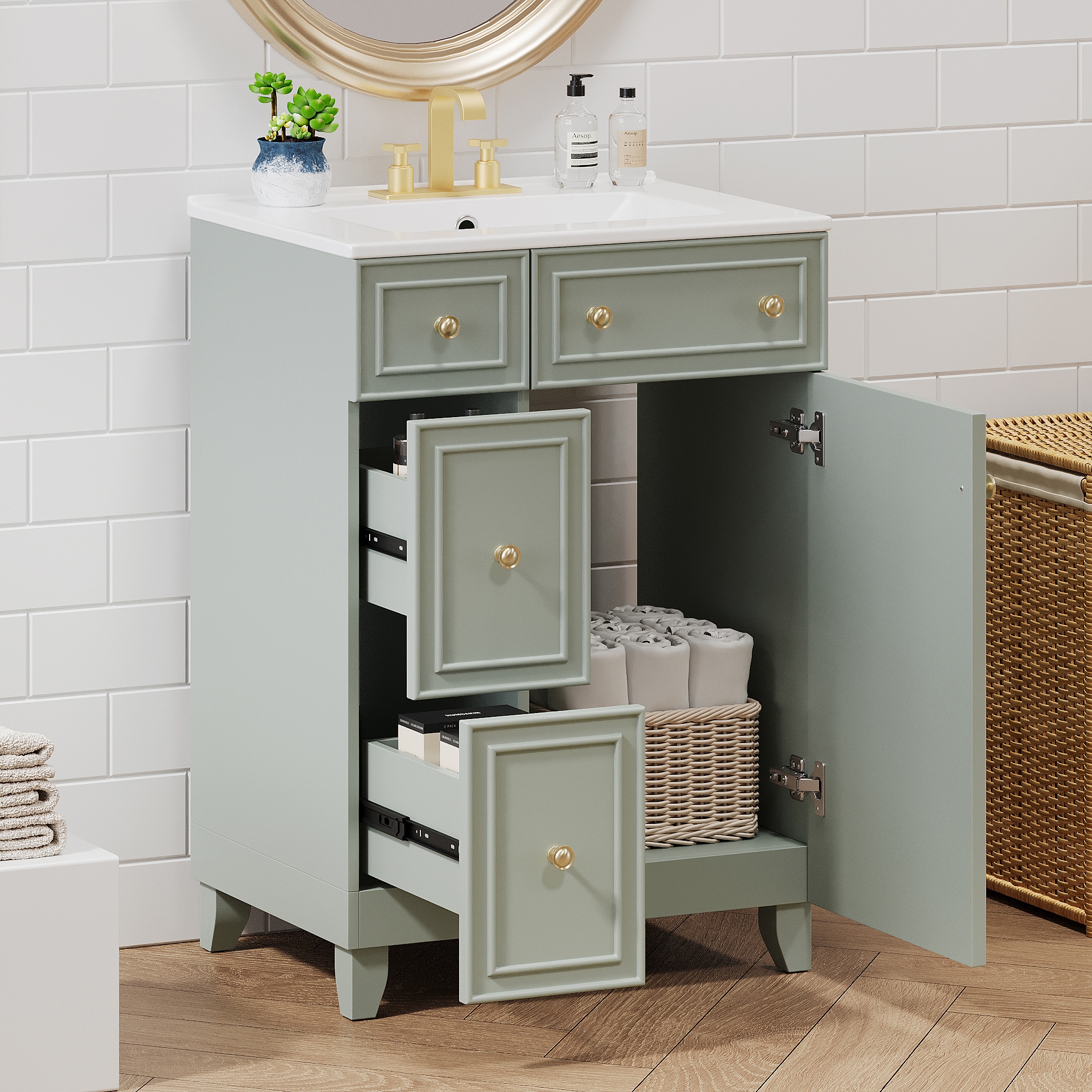 Homy Casa 24 in Fluted Bathroom Vanity with Ceramic Sink and 2 Drawers Green