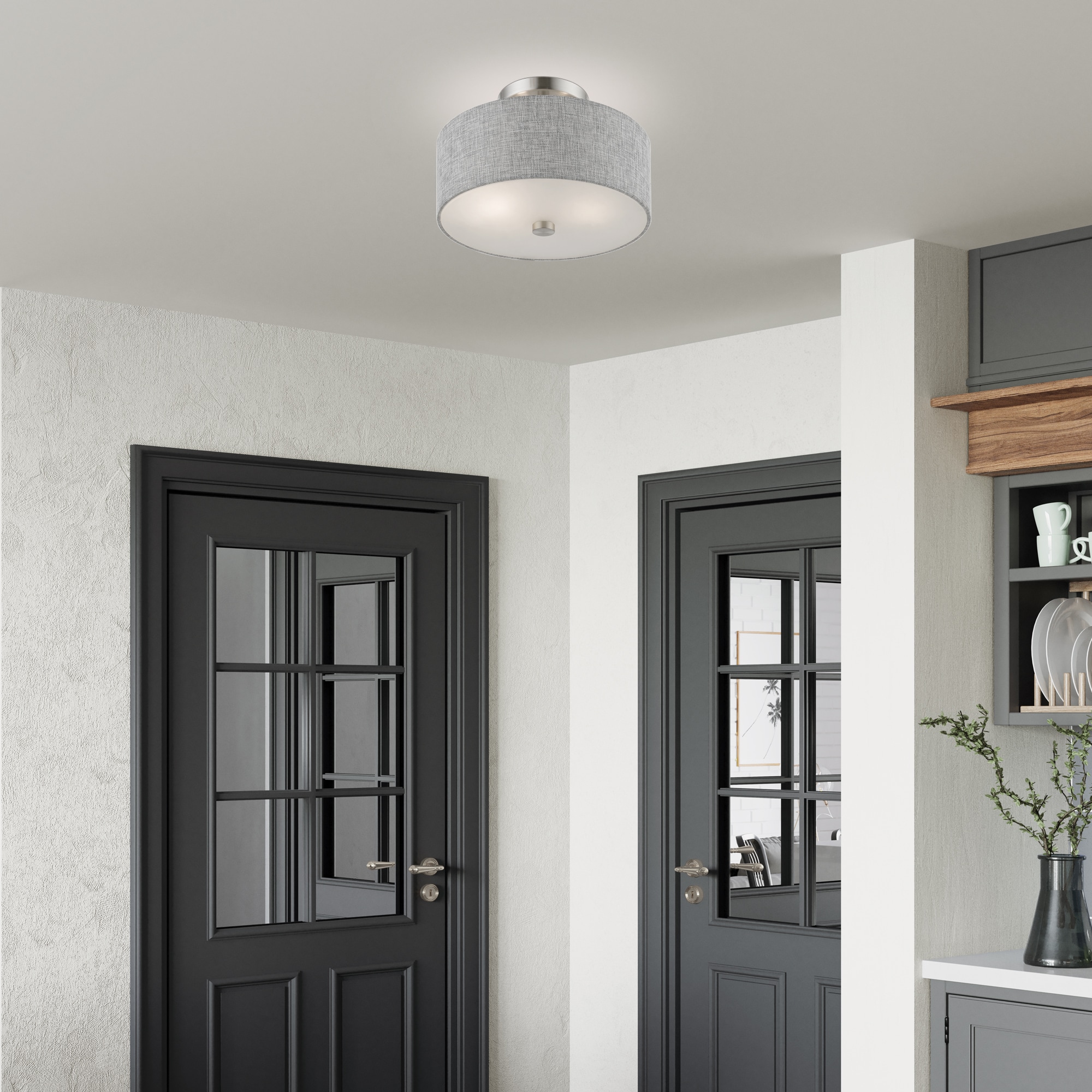 Urban Gray Fabric Drum Shade Semi-Flush Mount in Brushed Nickel