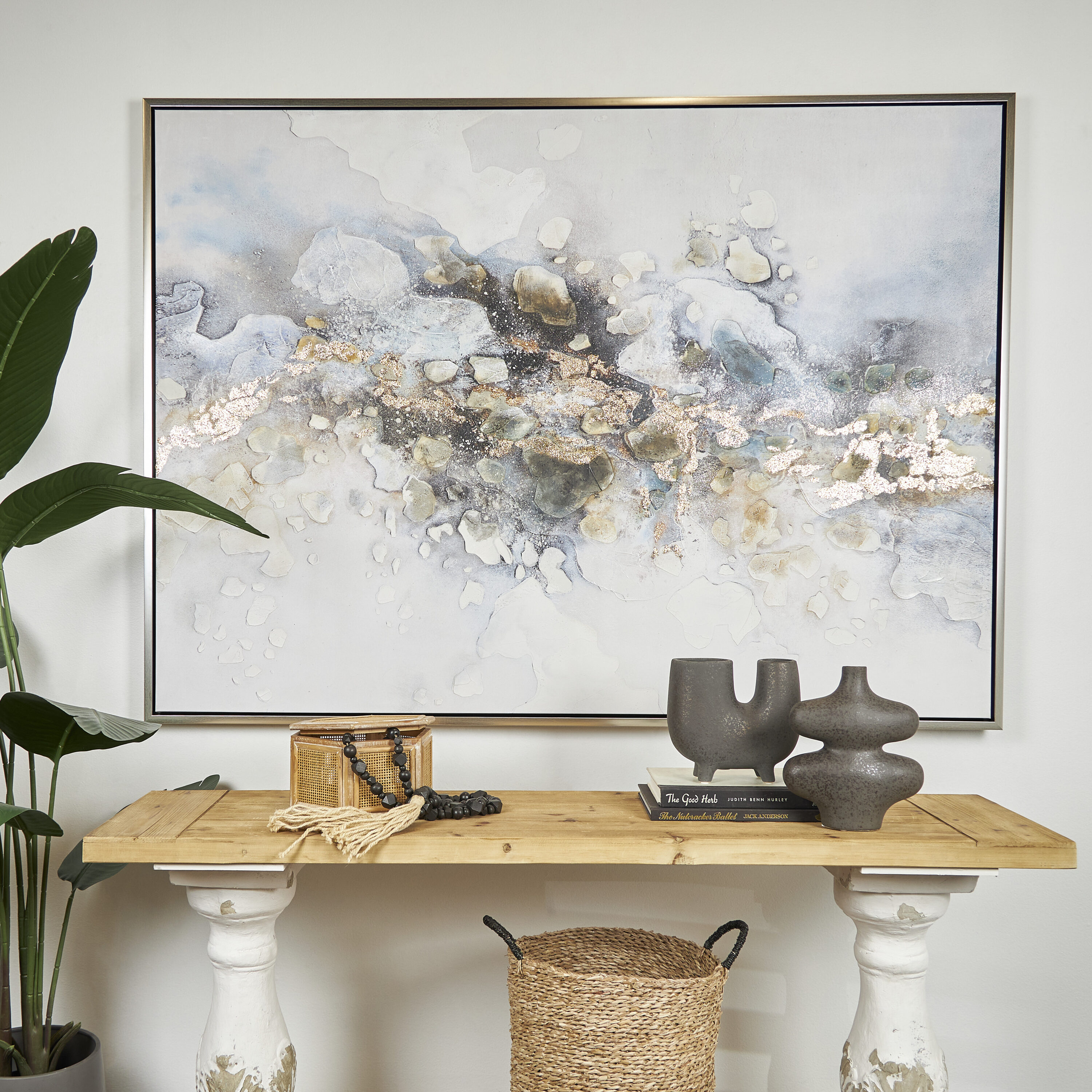 Grayson Lane 820059 47 In. x 65 In. Watercolor Blotch Framed Wall Art with Gold Foil Accents and Silver Frame Multi Colored Canvas Abstract Silver Floater frame 47-in H x 65-in W Abstract Canvas Painting