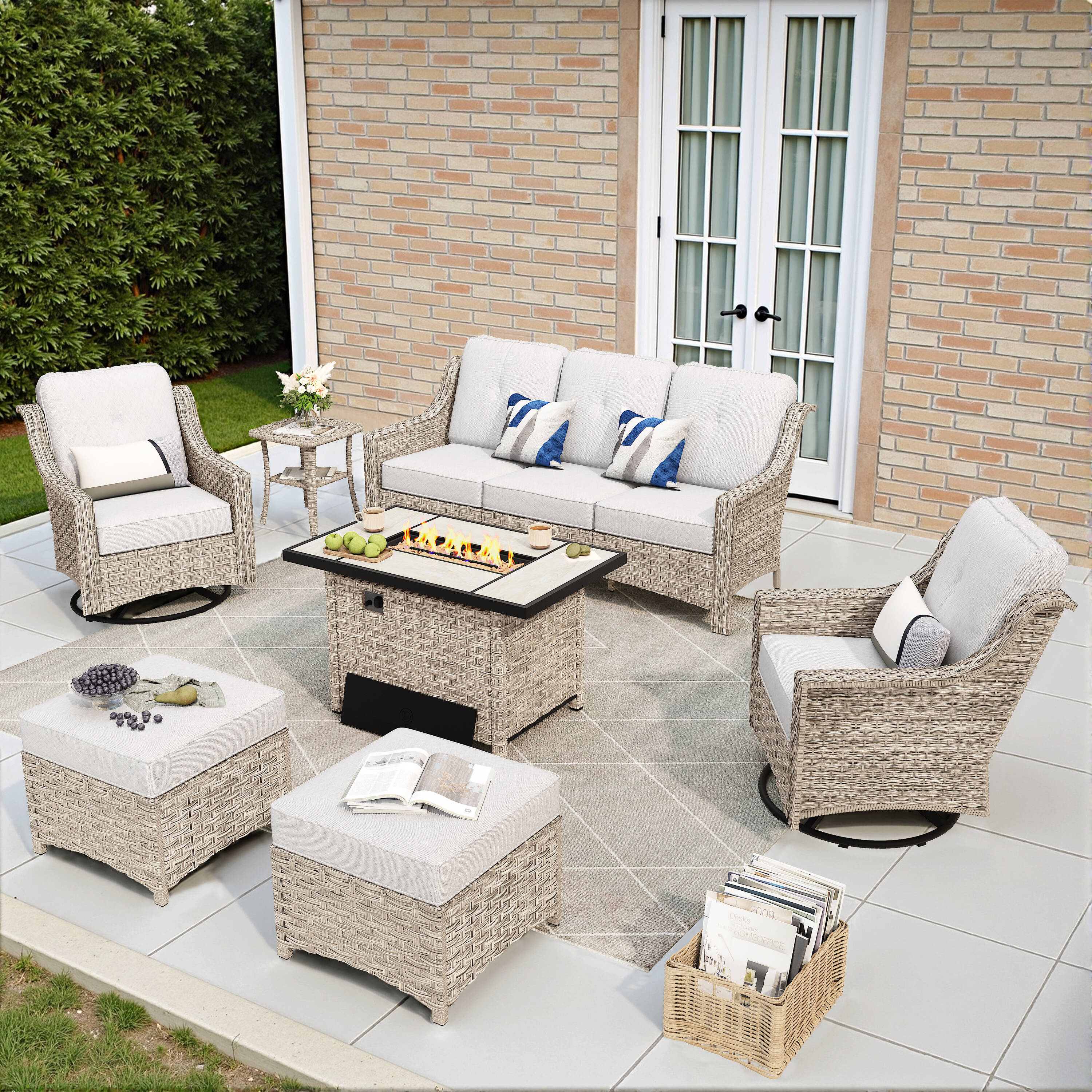 weaxty HMBCFP-YZPAD4072 Aireno 7 -Piece Rattan Patio Sofa Conversation Set with Gray Cushions