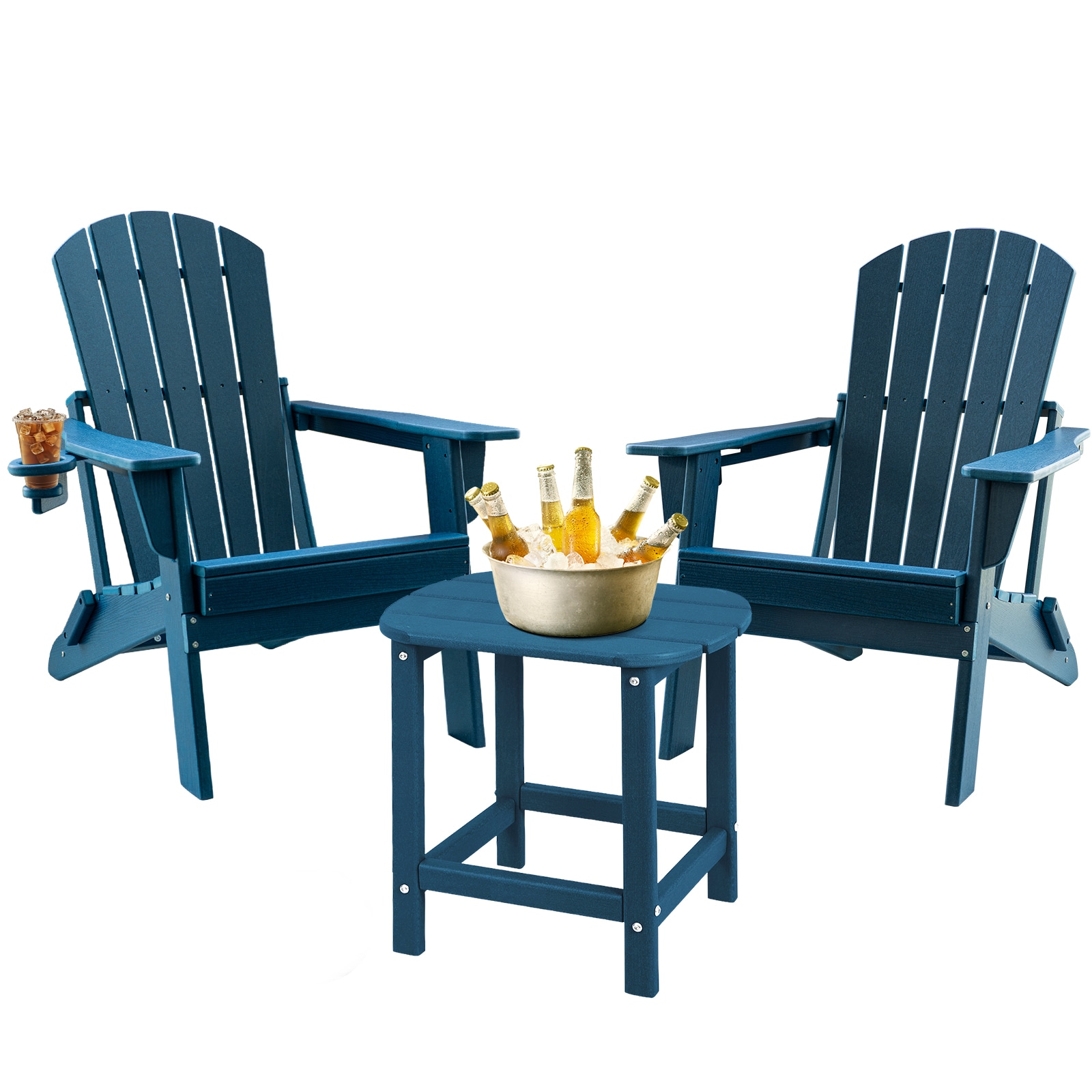 Upland YYFACST-NB3 3-Piece HDPE Folding Adirondack Chairs with Side Table, with Cup Holder Ideal for Fire Pit, Deck, Patio, Pool 3 -Piece Patio Conversation Set
