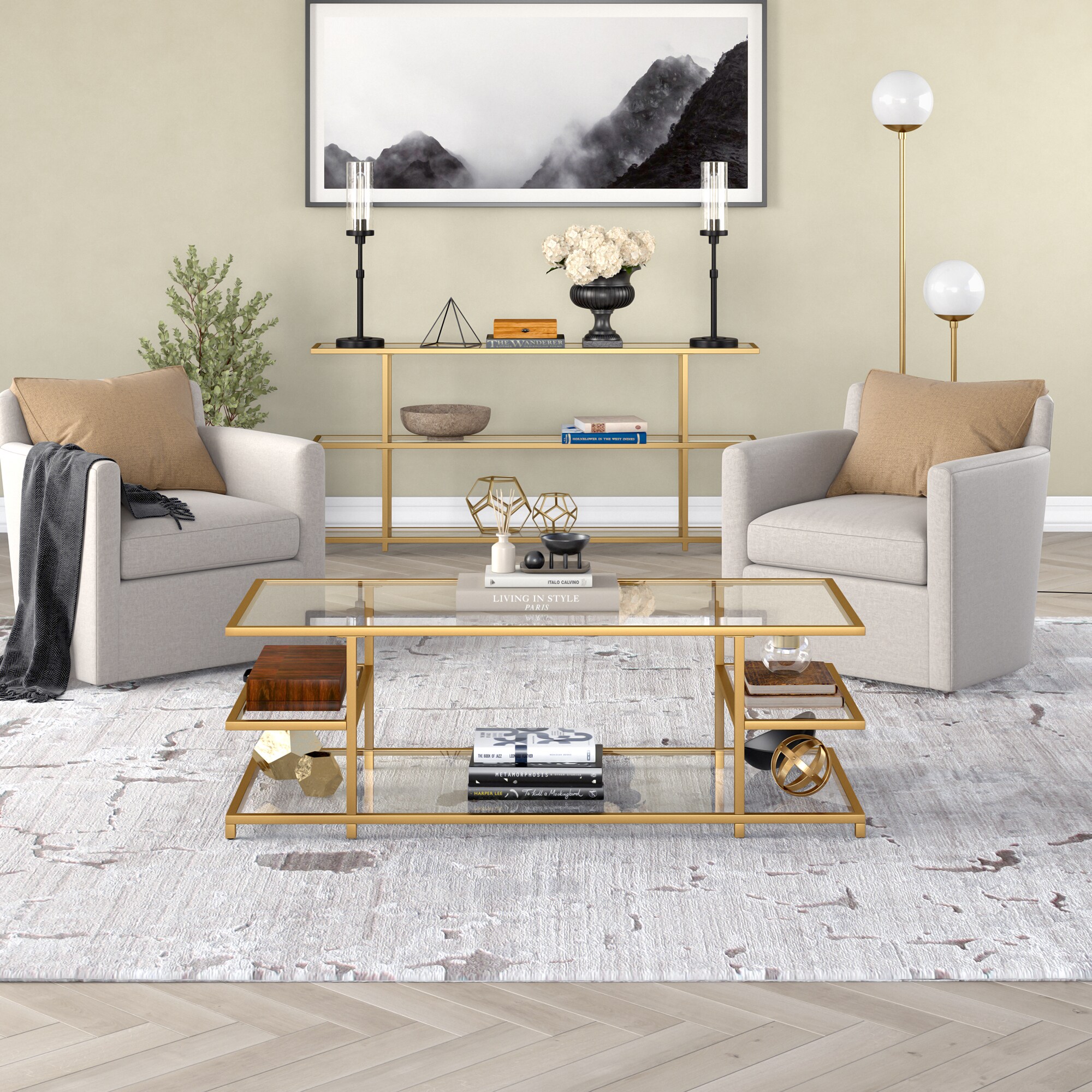 Greenwich 54'' Brass and Glass Modern Coffee Table