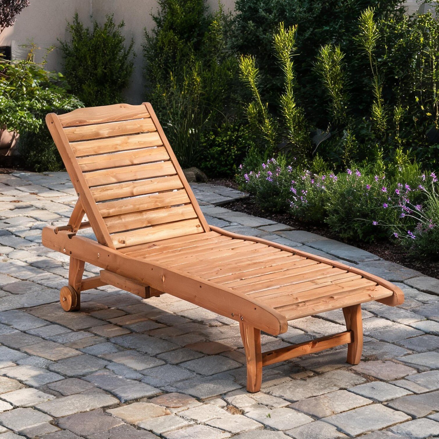 SunJet - Reclining Wood Chaise Lounge with Pull-Out Table and Wheels Light Natural Finish 71.7 in