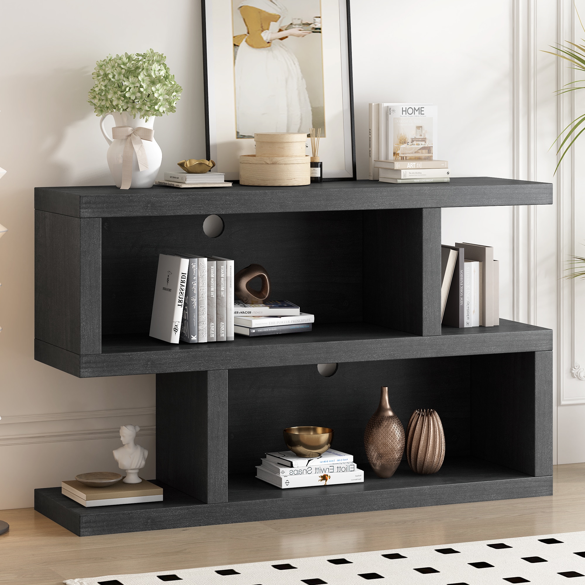 ModernLuxe N715P196579B Narrow Console Table with Symmetrical Design Retro Entryway Table with 2Tier Open Shelf Sofa Table for Entryway Hallway and Living Room Black