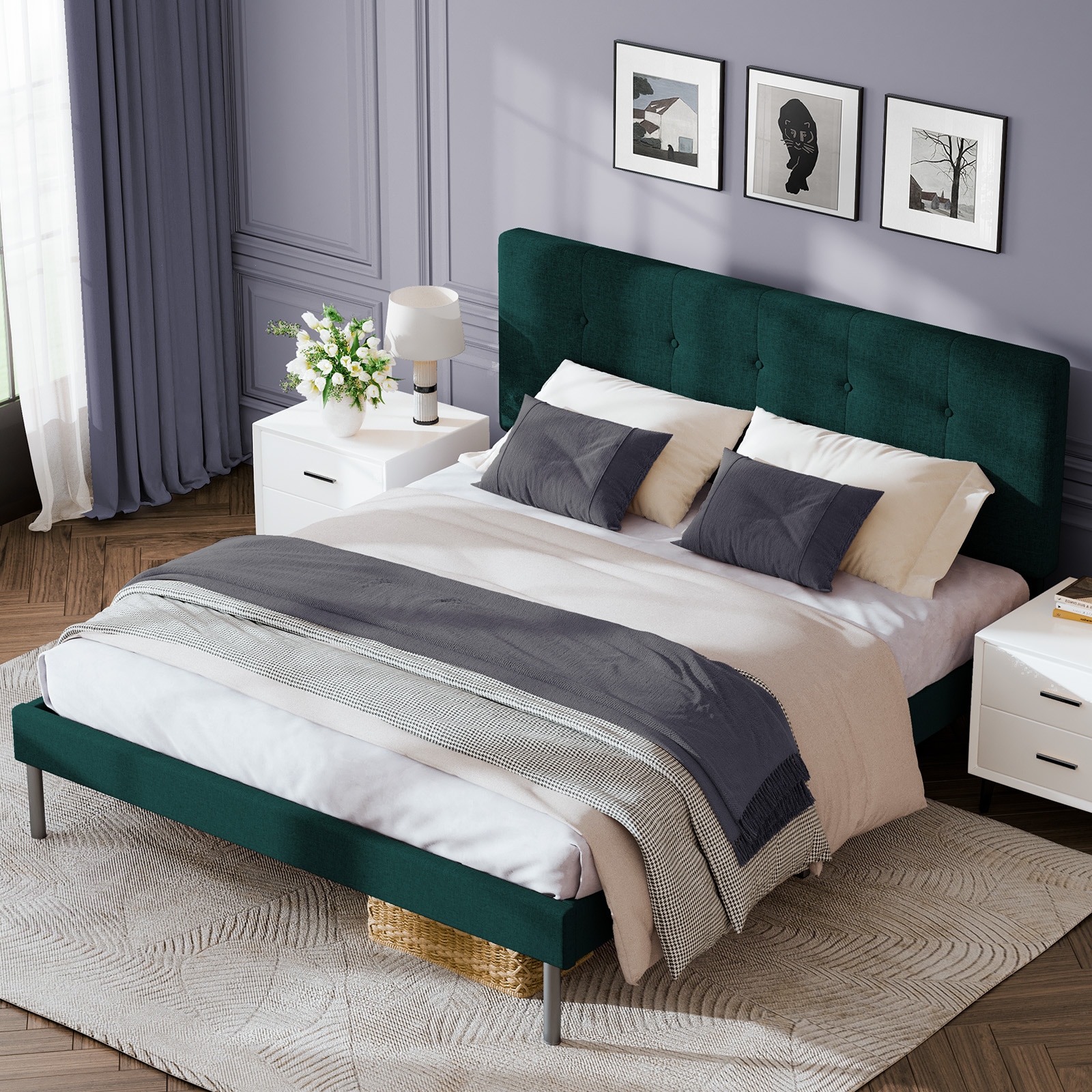 VOUA SAF-OSEDXR-NV Dark Green Full Wood and metal Bed frame Bed with Storage