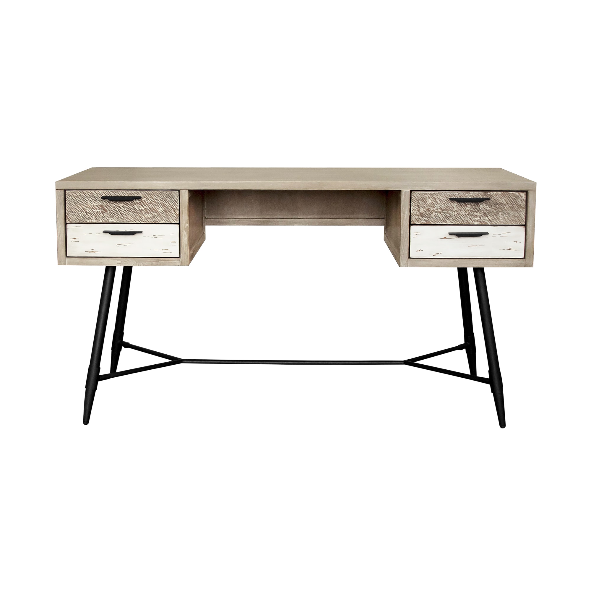Transitional Two-Tone Acacia Wood Desk with Sleek Black Base