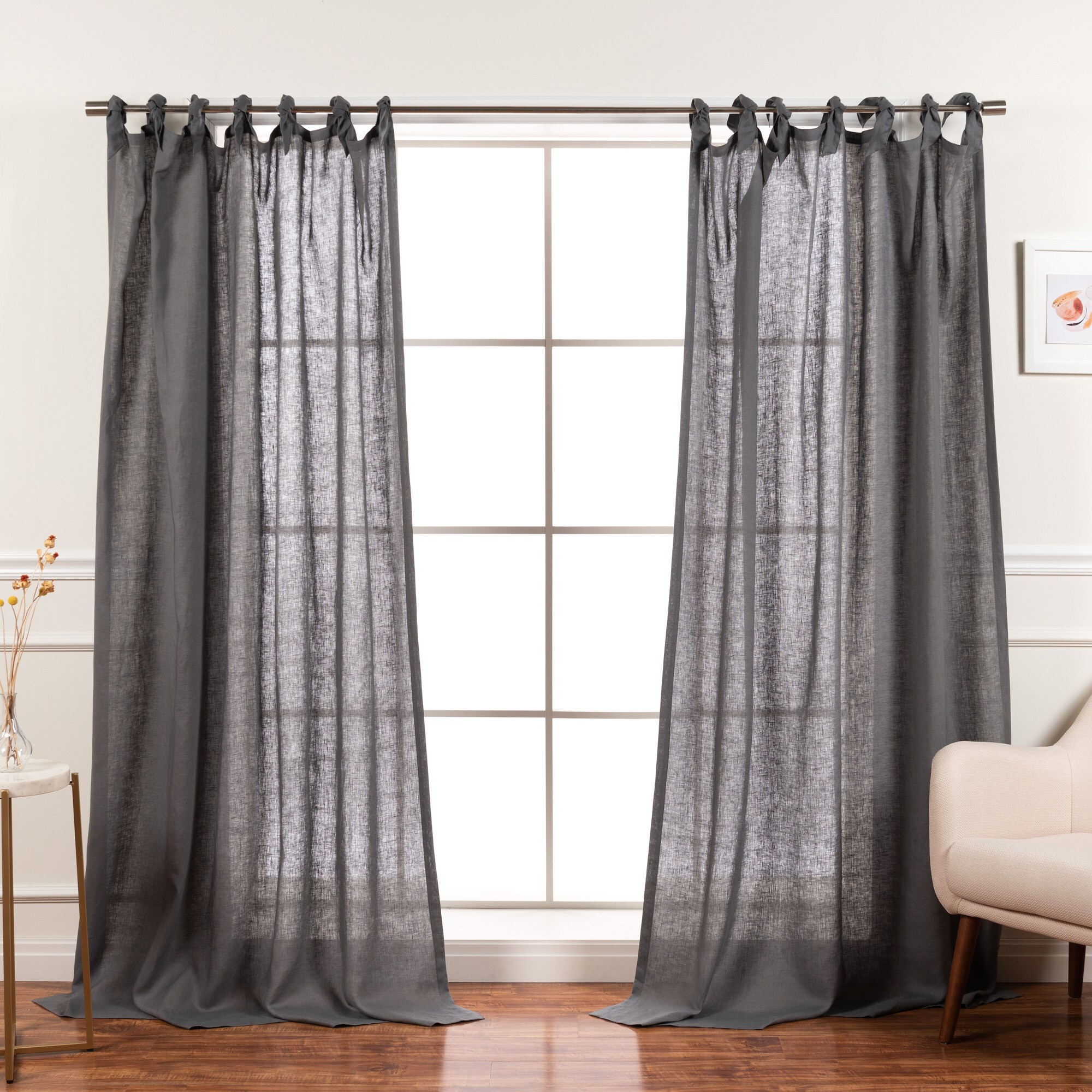 Best Home Fashion YK-02-TIE-LN-96-DK.G 96-Inches Dark Grey Semi-sheer Top tab Curtain panel pair