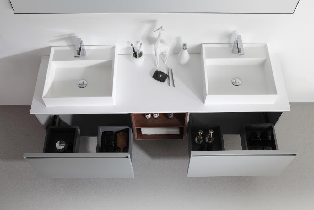 Manarola 72" Light Gray Wall-Mount Modern Vanity with Walnut Shelves
