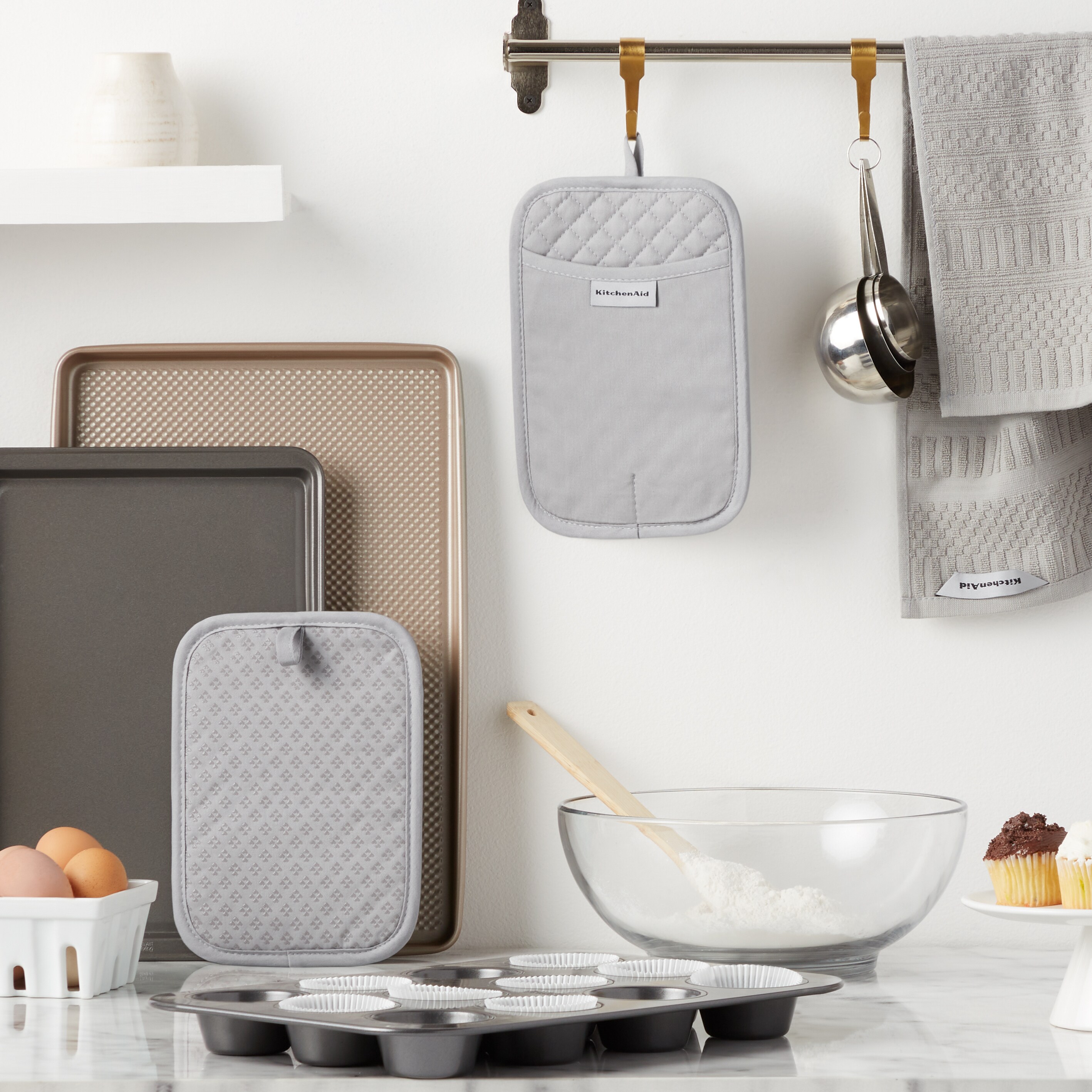 KitchenAid Albany Pot Holder 2-Pack Set, Matte Grey, 7x10