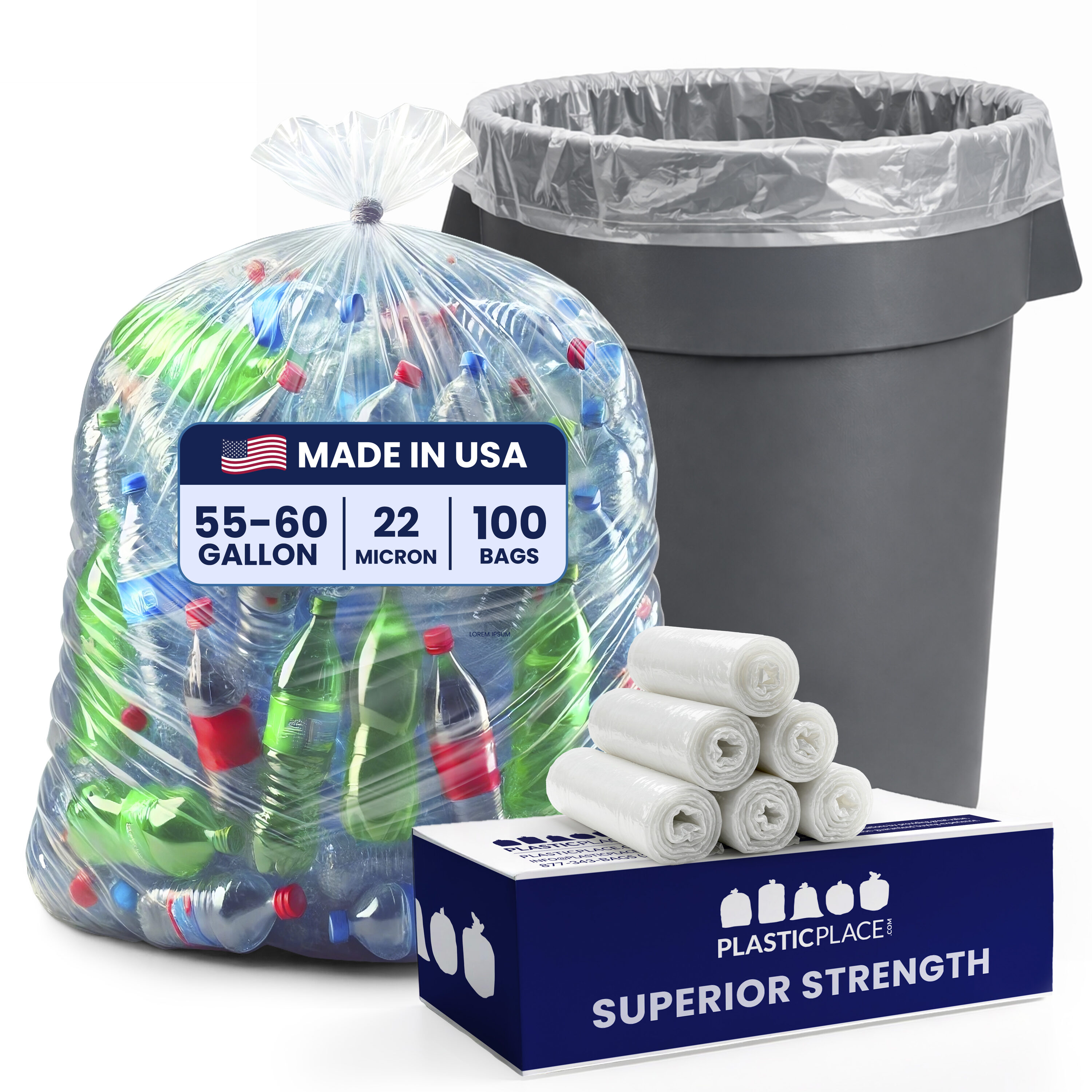 Plasticplace - 55-Gallon Scent free Clear Indoor Plastic Can Twist Tie Trash Bag 100 -Count