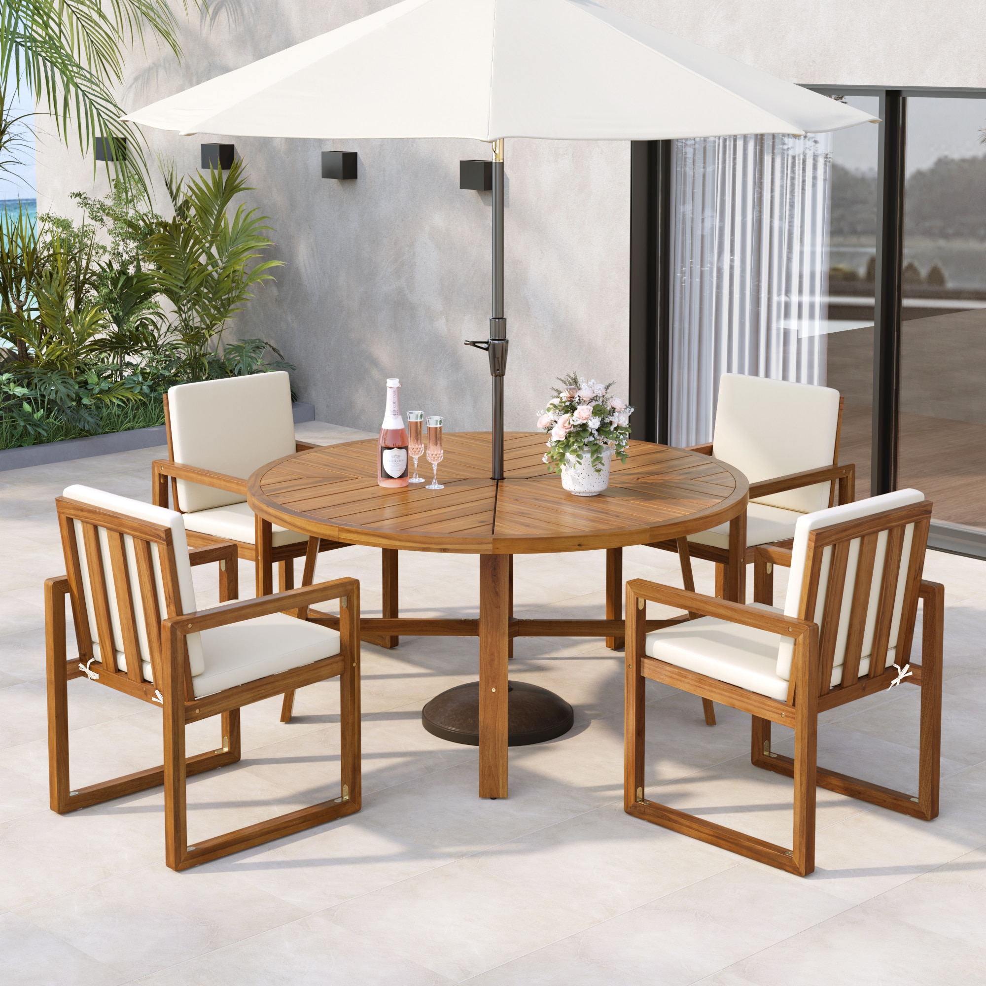 ModernLuxe L3P-N719Z000210A 5Piece Outdoor Patio Dining Set Acacia Wood Outdoor Dining Set Patio Furniture Set with Four  Armchairs and a Table for Garden Balcony Backyard Beige