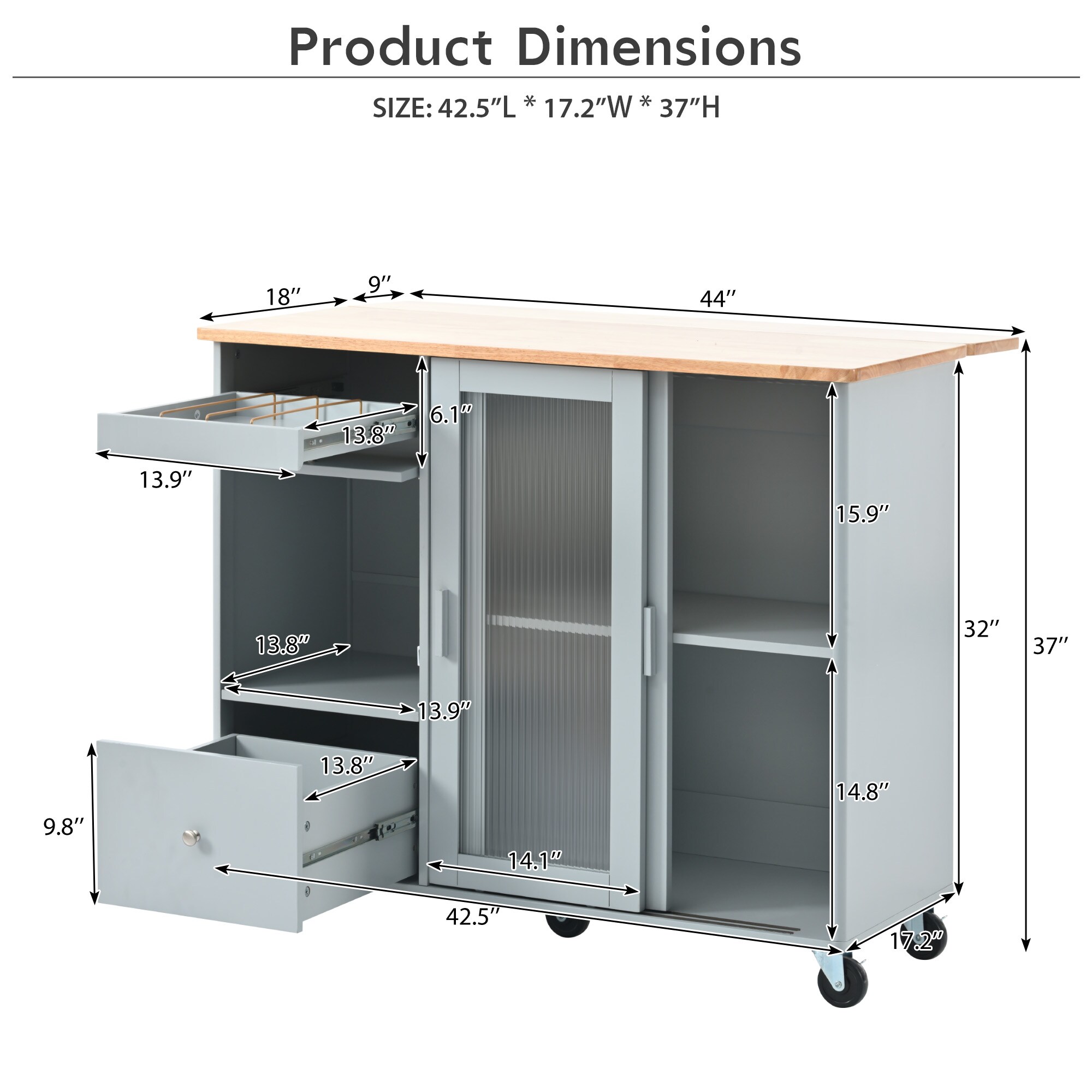 Kahomvis White Mdf Base with Wood Top Rolling Kitchen Island (18-in x 44-in x 37-in)