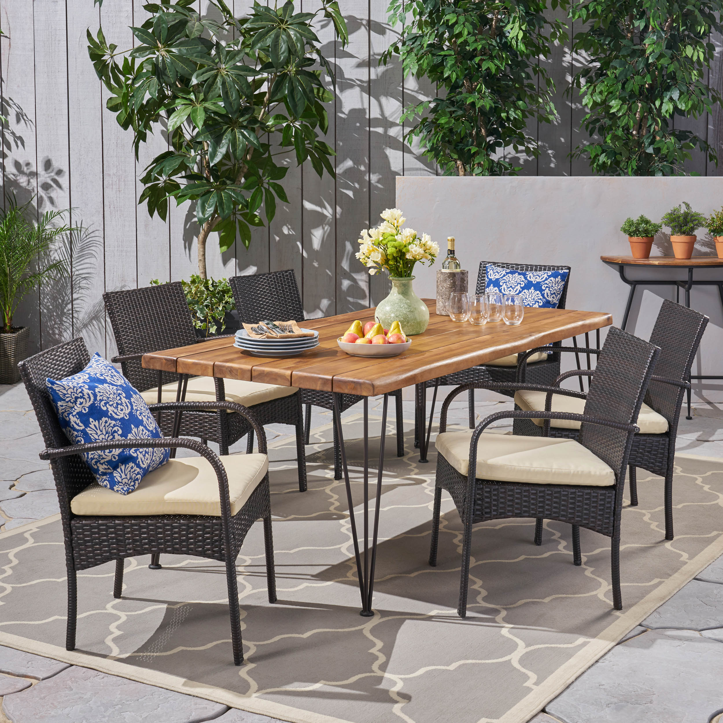 Christopher Knight Home 307539 Clayton Patio Dining Set 72 Inches 6-Seater Acacia Wood Iron Table Legs Cushioned Wicker Chairs Teak Rustic Metal Multi-Brown Cream