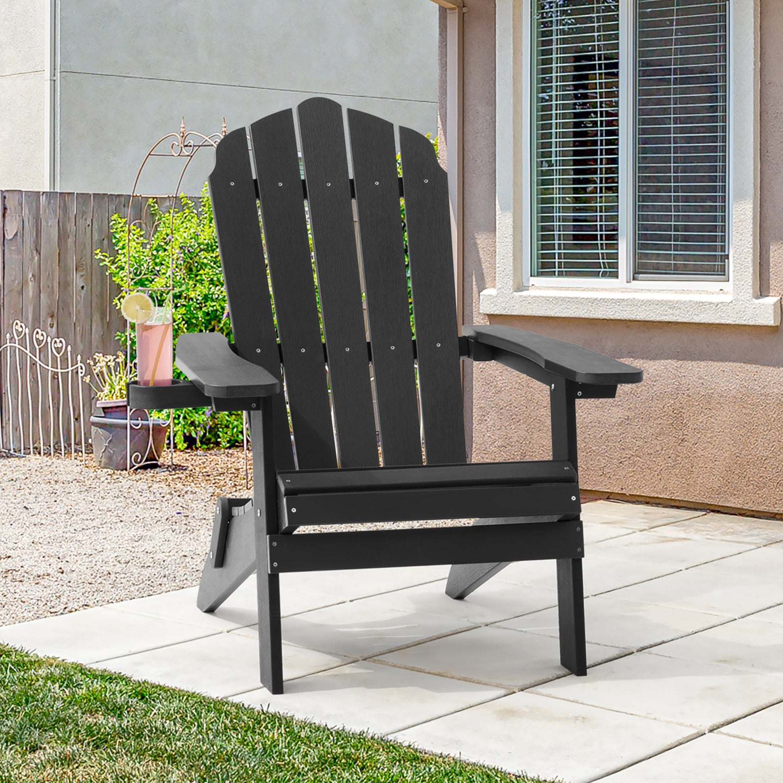 ACEGOSES LW-QW-107-BK Foldable Adirondack Chair Black Stationary Adirondack Chair with Slat Seat