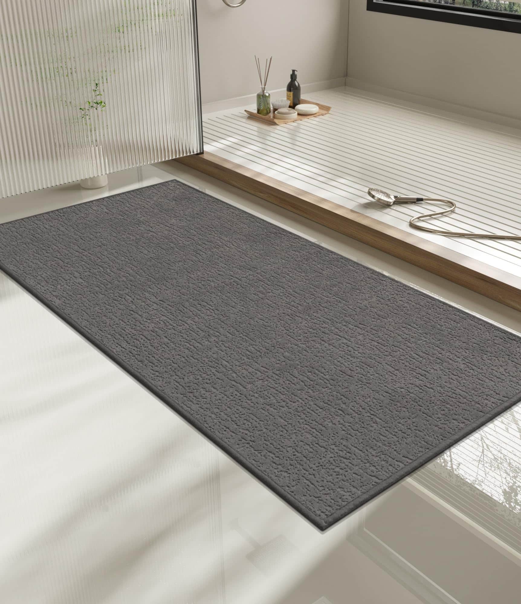 SenQWFa Bathroom Rug Ultra Thin Non Slip Quick Dry Absorbent Mat for Bathroom Floor Durable Machine Washable Runner Dark Grey 47x24 Inch #V05SQ14019