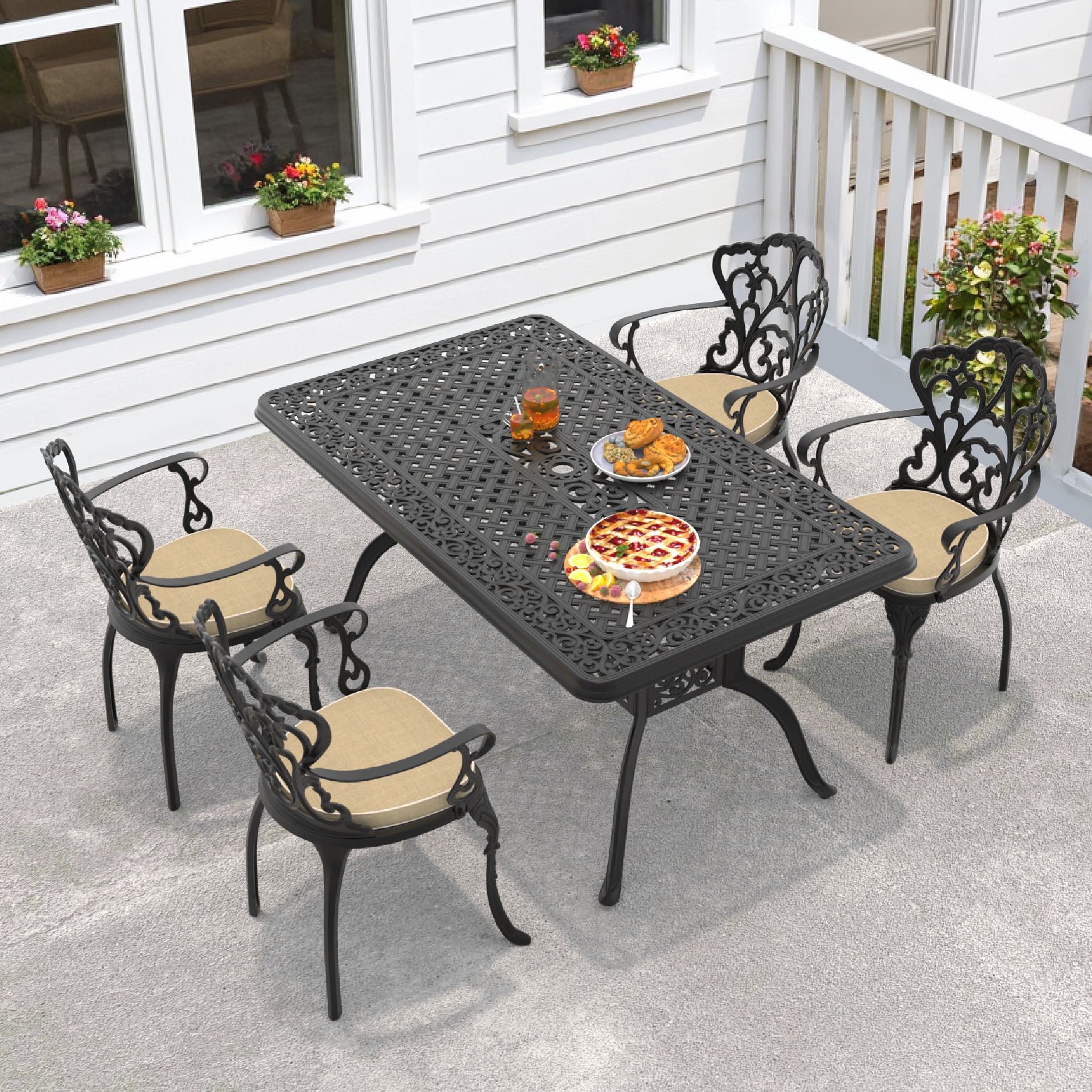 nicesure SLBK6047CZ4A1051RC 5 -Piece Black Patio Dining Set Aluminum Rectangle Table with 4 Cushions Stationary Chairs