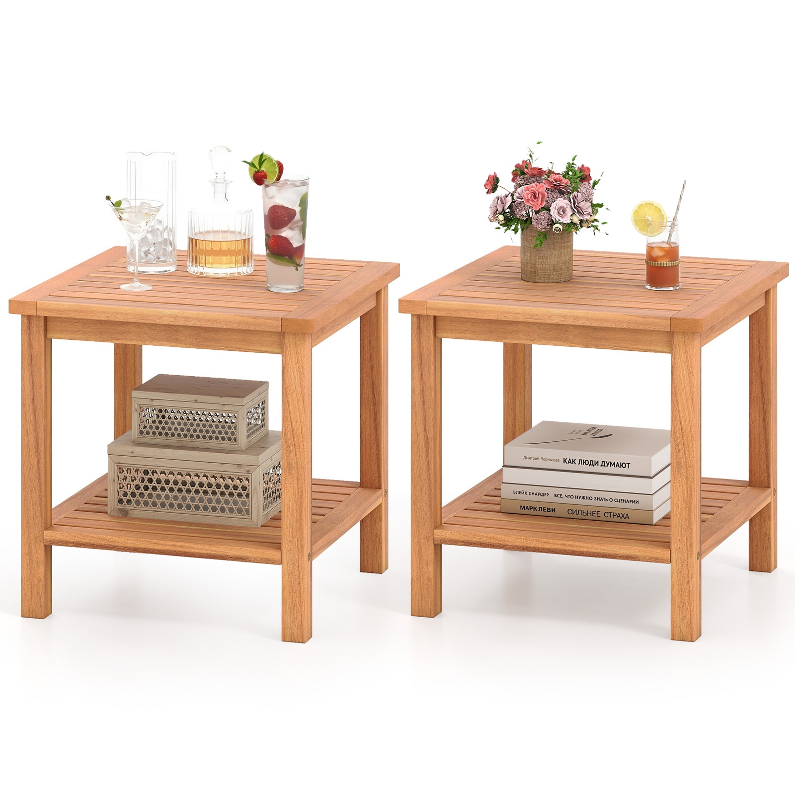Slickblue Set of 2 Natural Storage Acacia Wood Outdoor End Table Square 18 W x 18 L x 18 H for Porch Backyard or Living Room Use