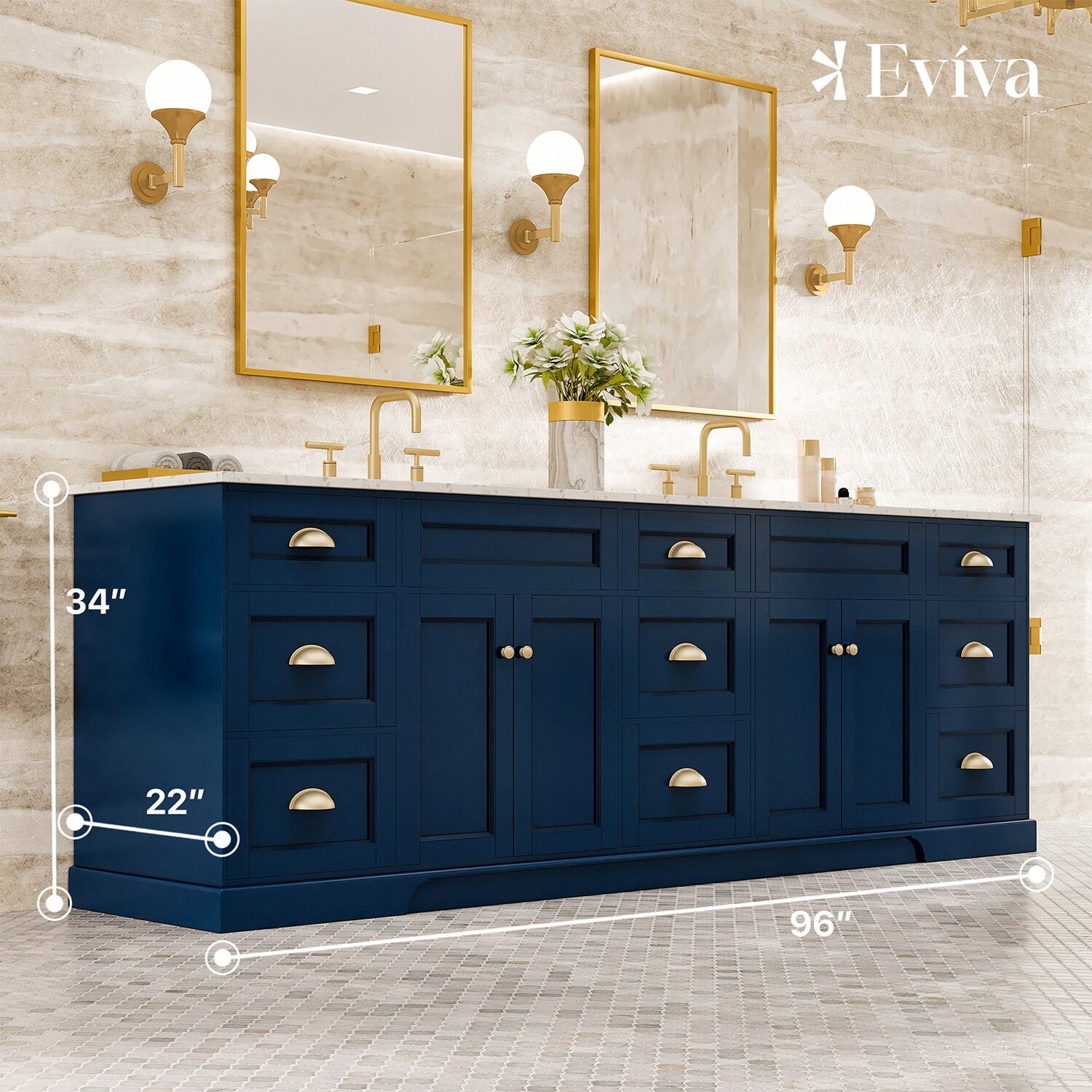 Eviva Navy 72 inch Deep Blue Bathroom Vanity with White Carrera Counter-top  and Double White Undermount Porcelain Sinks