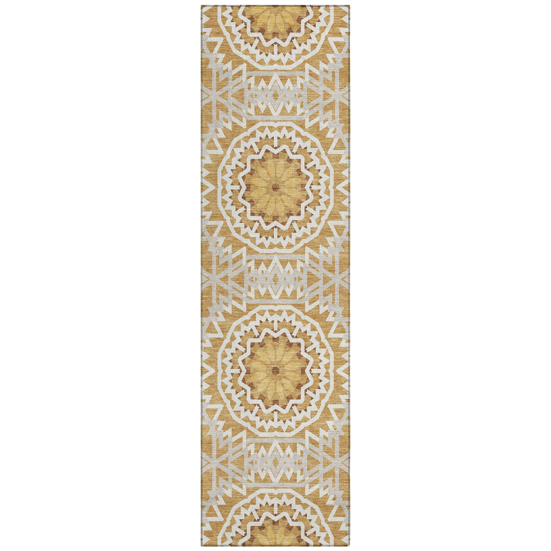 Gold and White Synthetic Flat Woven Runner Rug