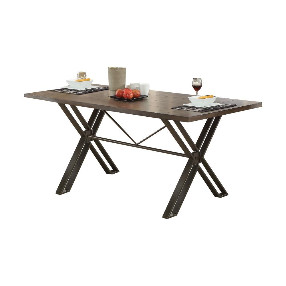 ACME FURNITURE 72345 Jodoc Walnut and Gunmetal Transitional Dining Table, Wood with Metal Trestle Base 72-in L x 30-in H