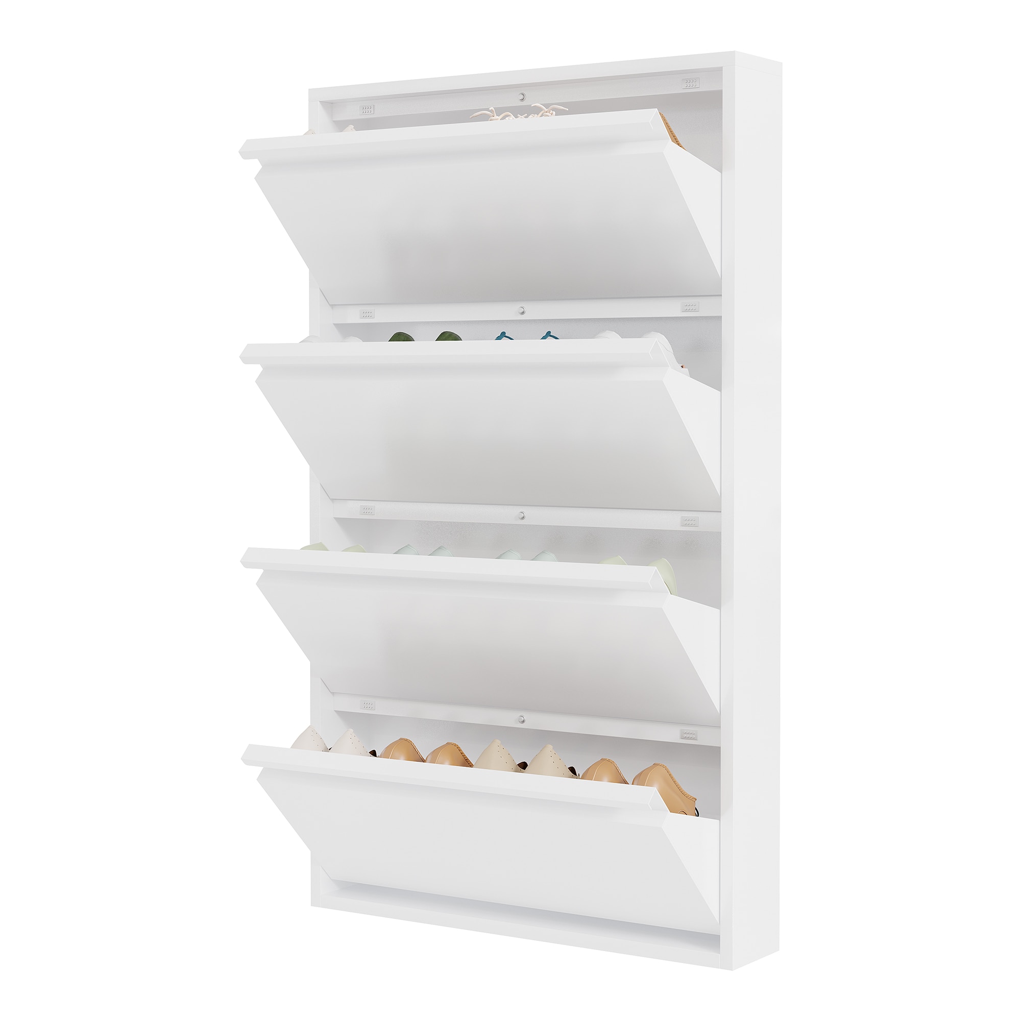 IdealHouse Slim Metal Shoe Cabinet 4 Turnover Drawers Narrow Shoe Storage Organizer for Entryway Hallway Wall Mounted or Freestanding Detachable Bottom Corners Anti Tip Safety Mount White