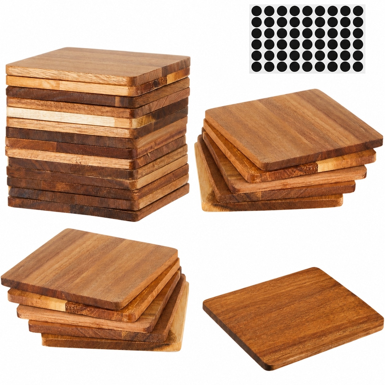 Etokfoks  24 Piece Set Acacia Series 4 in Non Slip Square Unfinished Wood Coasters Natural Brown Kitchen Accessory
