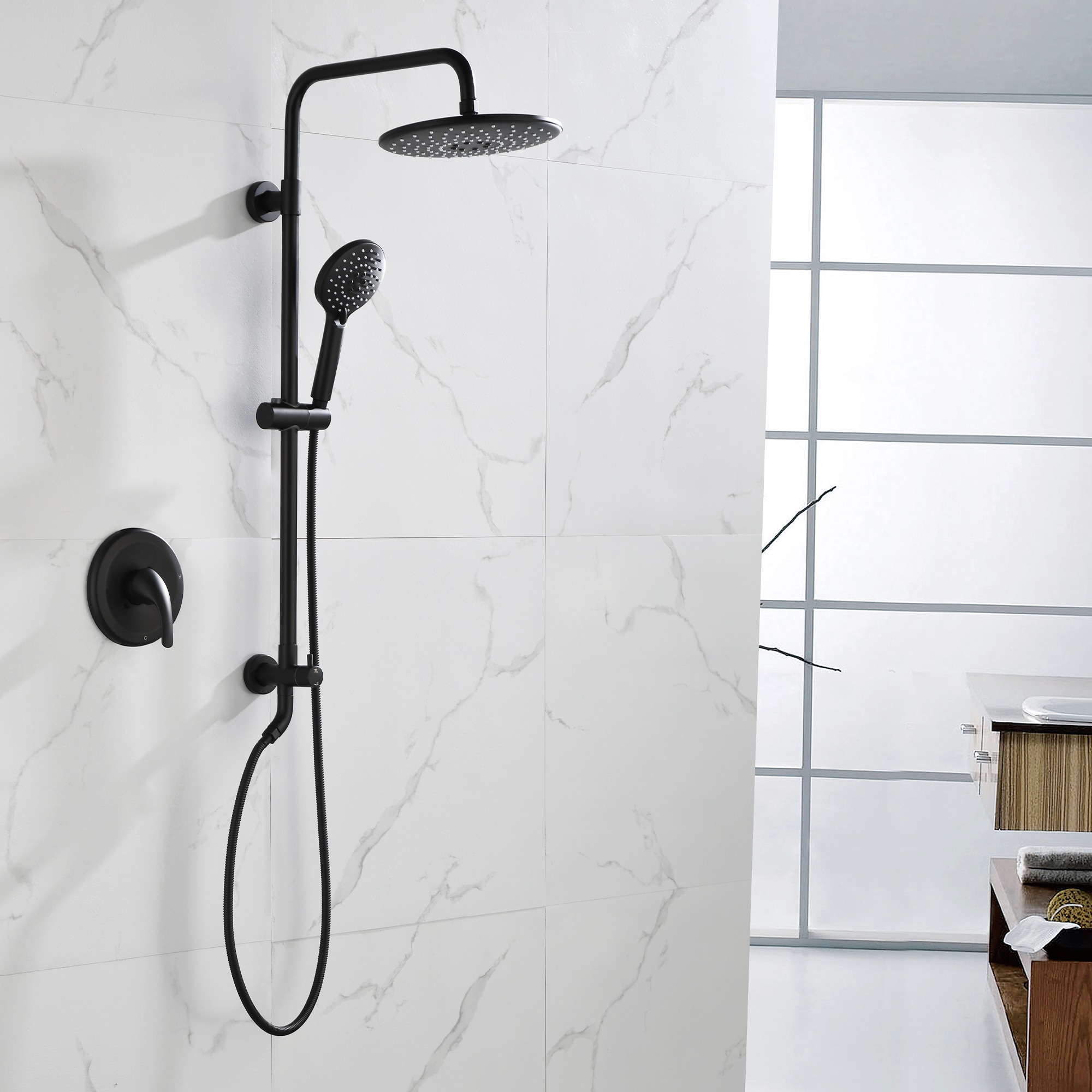 Iseryn Modern Matte Black 10-in Waterfall Built-In Shower Faucet System with 2-way Diverter ( Pressure-balanced Valve Included )